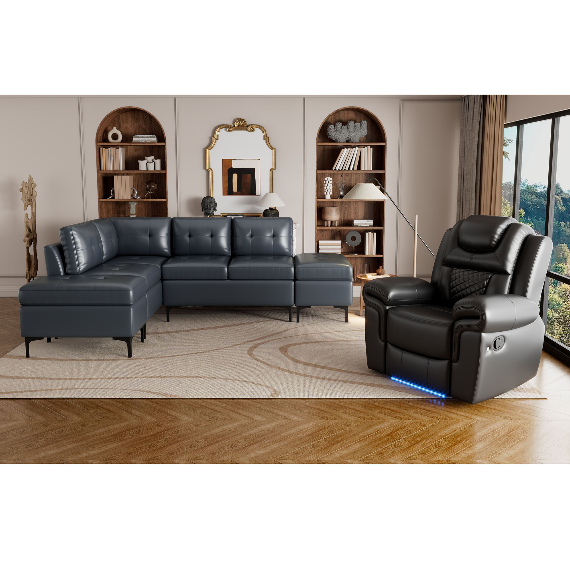 Sofa Recliner Set L - Shaped Corner Sofa Leather Recliner For Living Room - Blue / Black