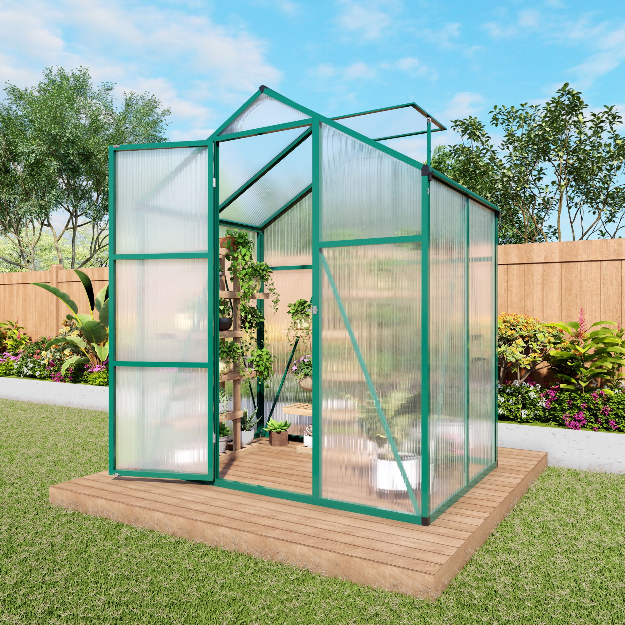 Polycarbonate Walk-In Greenhouse, Raised Base For Outdoor In All Season