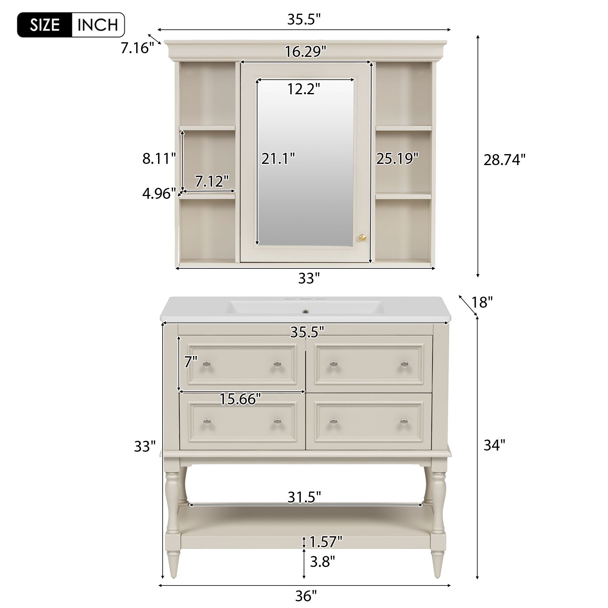 Bathroom Vanity With Medicine Cabinet, Storage Cabinet With 4 Drawers, Adjustable Shelf Mirror