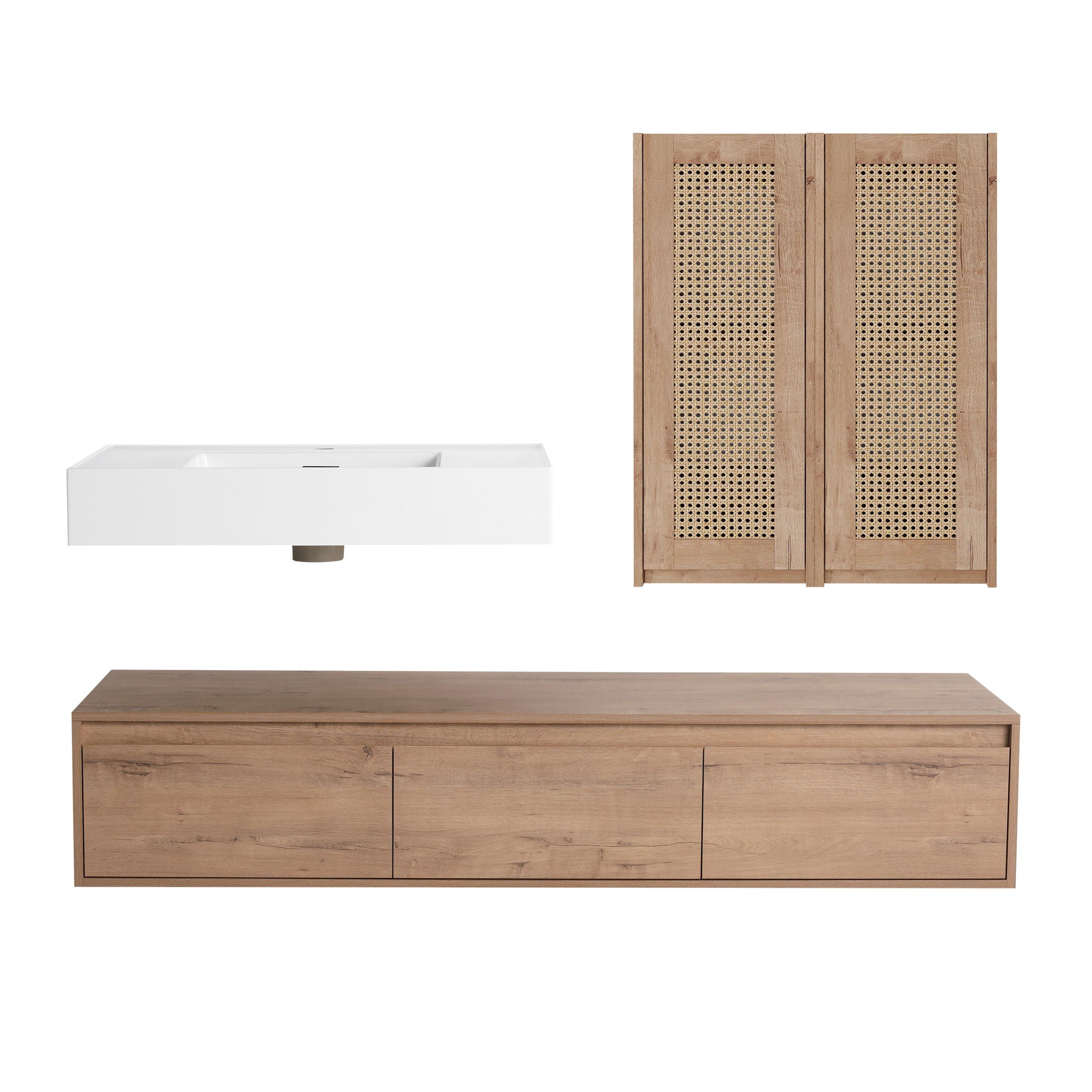 Modern Wall Mounted Bathroom Vanity With Resin Sink And 2 Side Cabinet, Imitative, Construction - Imitative Oak
