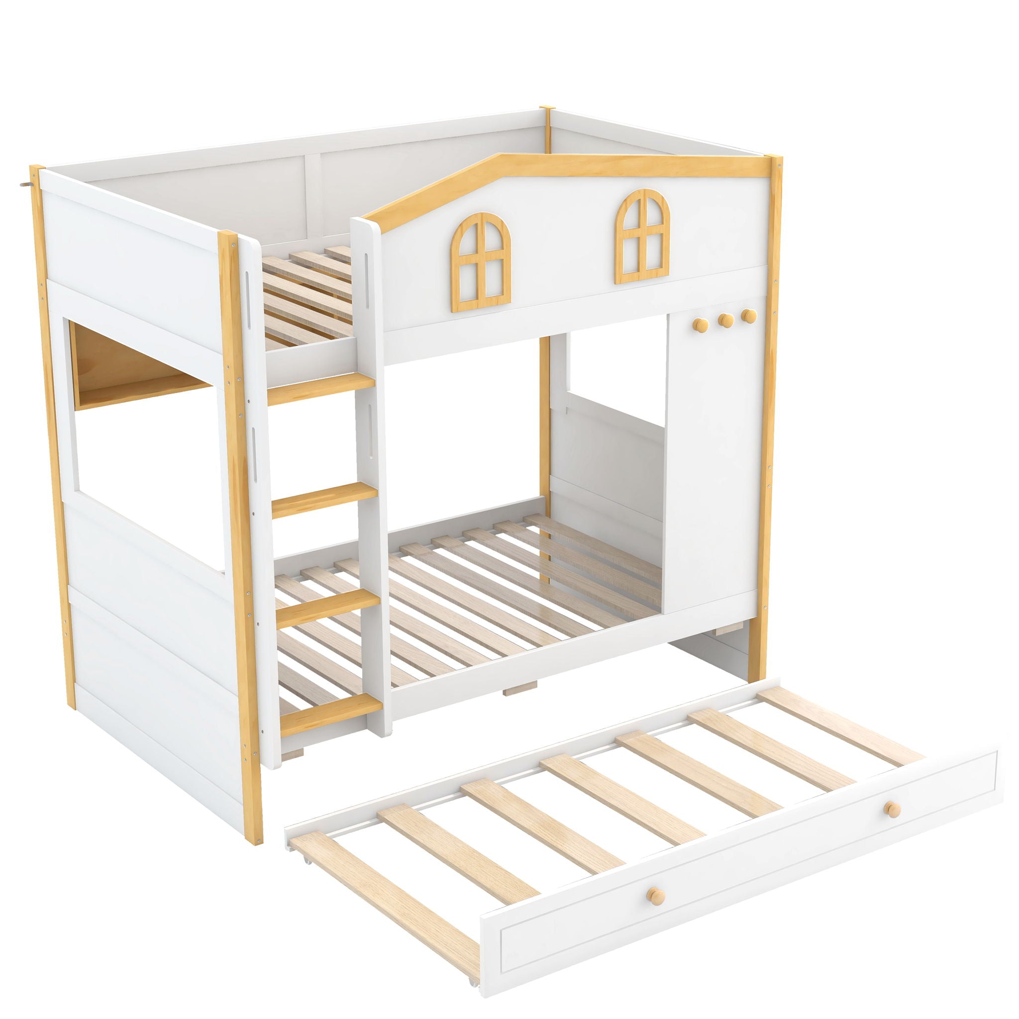 Bunk Bed With House Shaped Guardrails, Storage Shelves, And Trundle