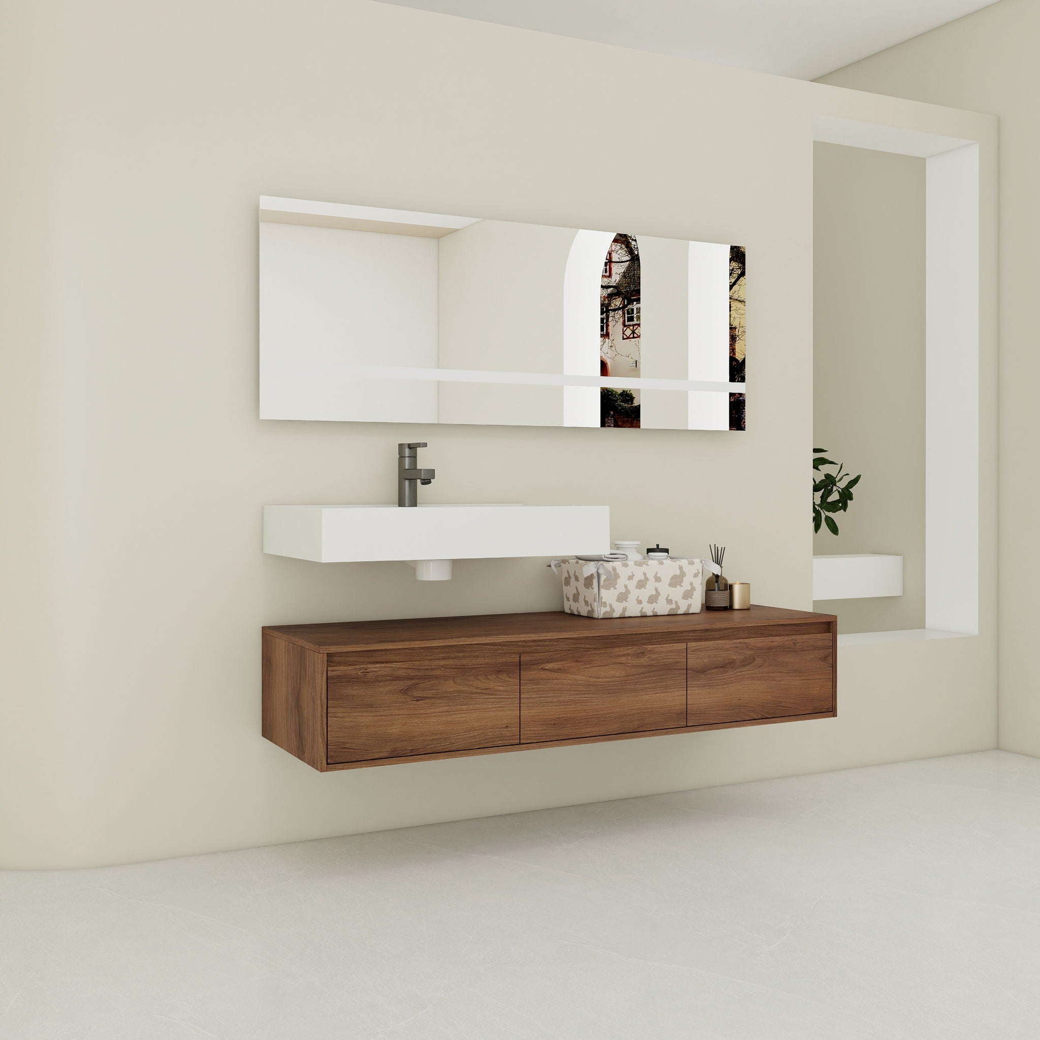 Modern Wall Mounted Bathroom Vanity With Resin Sink And Soft Close Drawer - Brown Ebony