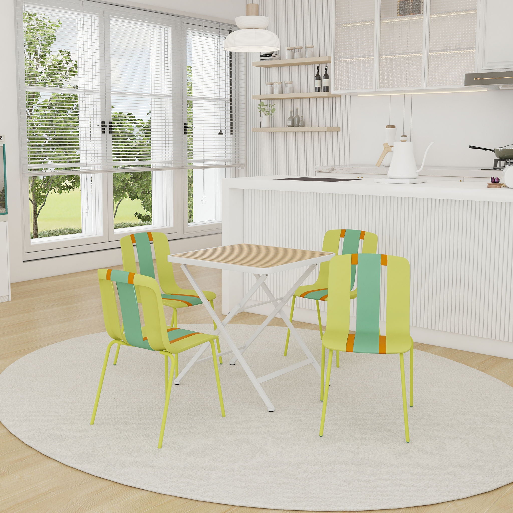 4 Piece Set Of Modern Striped Single Chairs With Folding Square Table