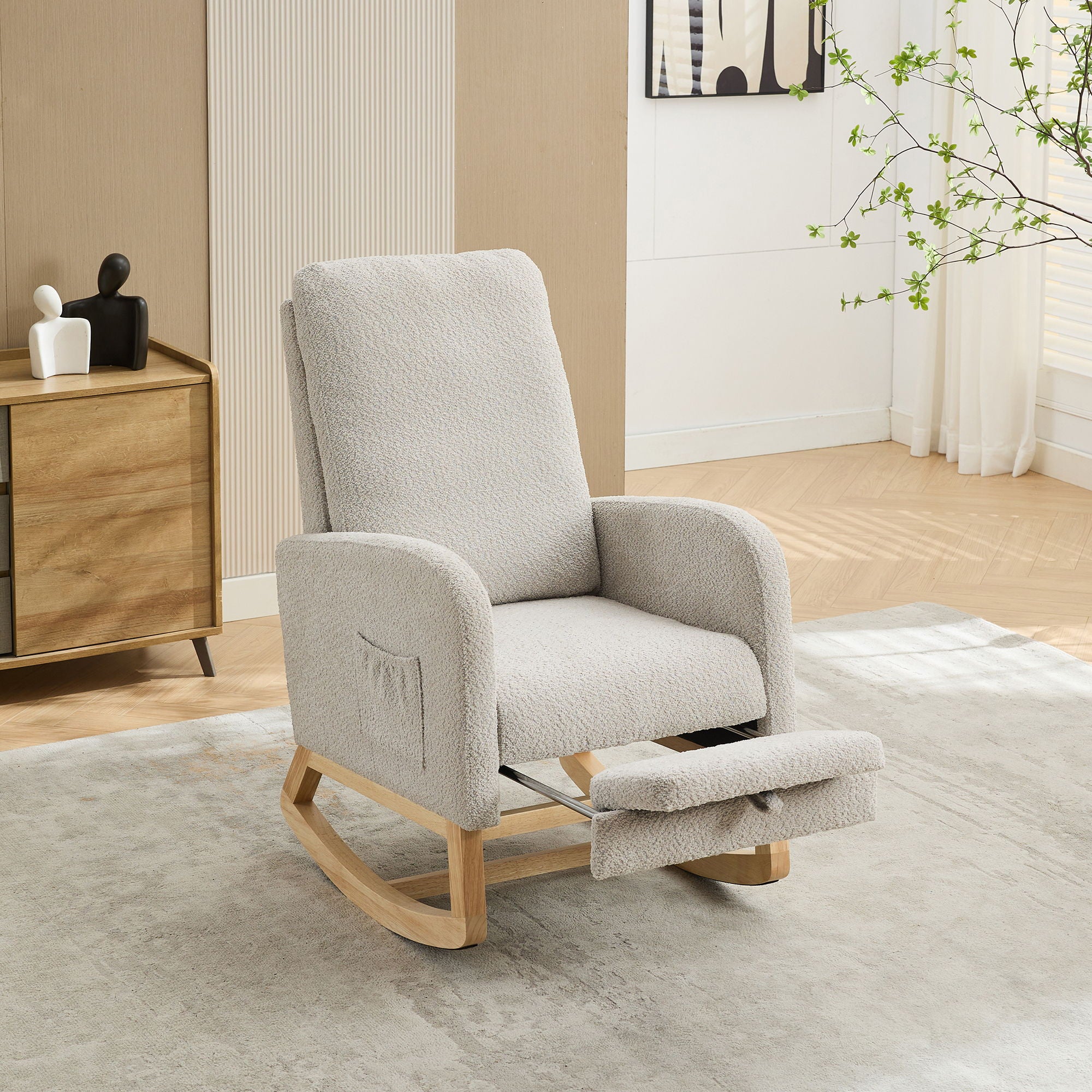 Rocking High Back Glider Chair With Retractable Footrest, Side Pocket