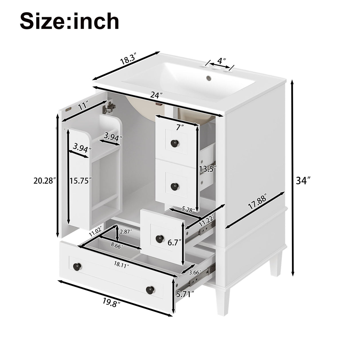 Bathroom Vanity With Integrated Basin, Soft Close Drawers, Door Mounted Double Layer Shelf