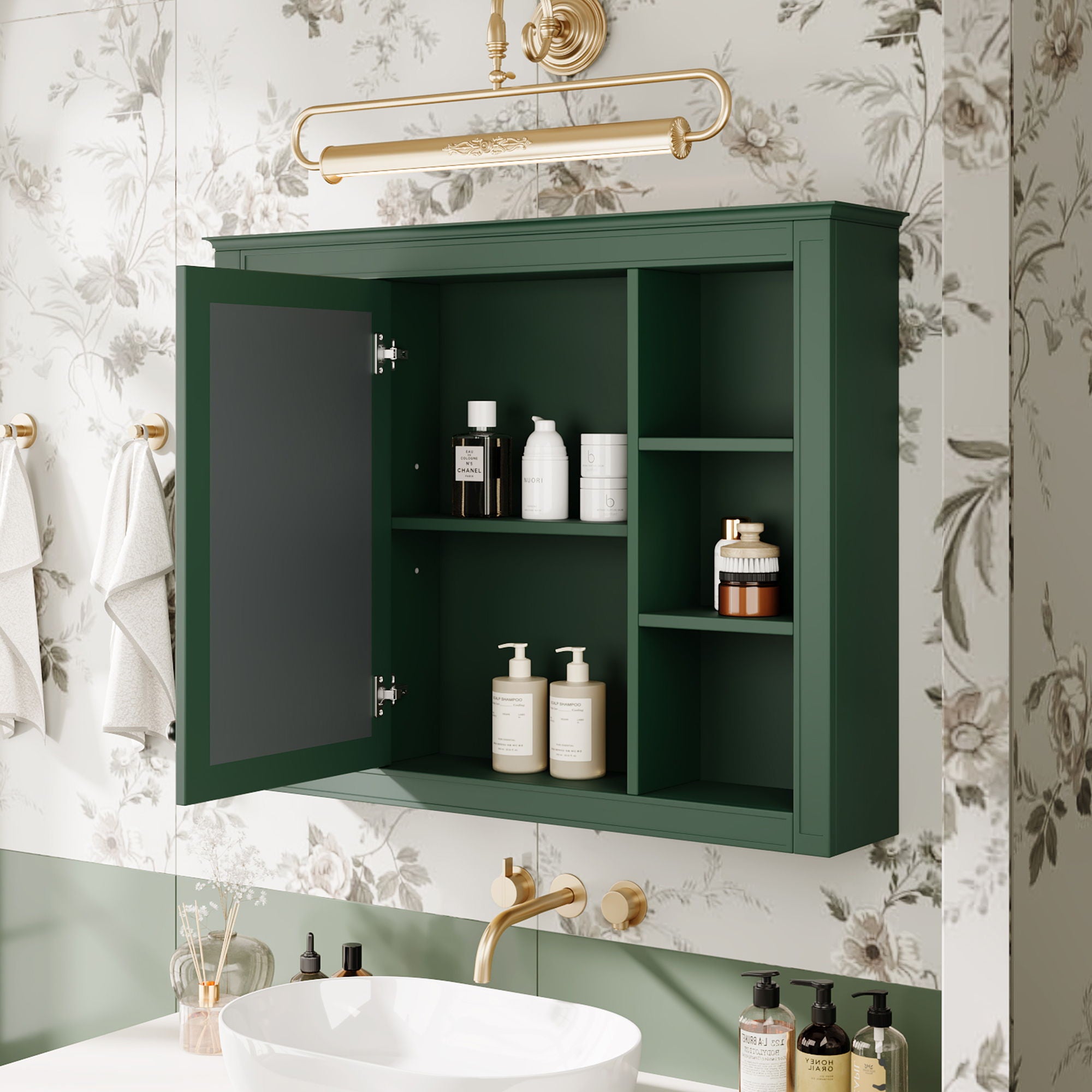 Wall Mounted Medicine Cabinet With Mirror, Storage Cabinet Featuring 6 Open Shelves And Adjustable Interior