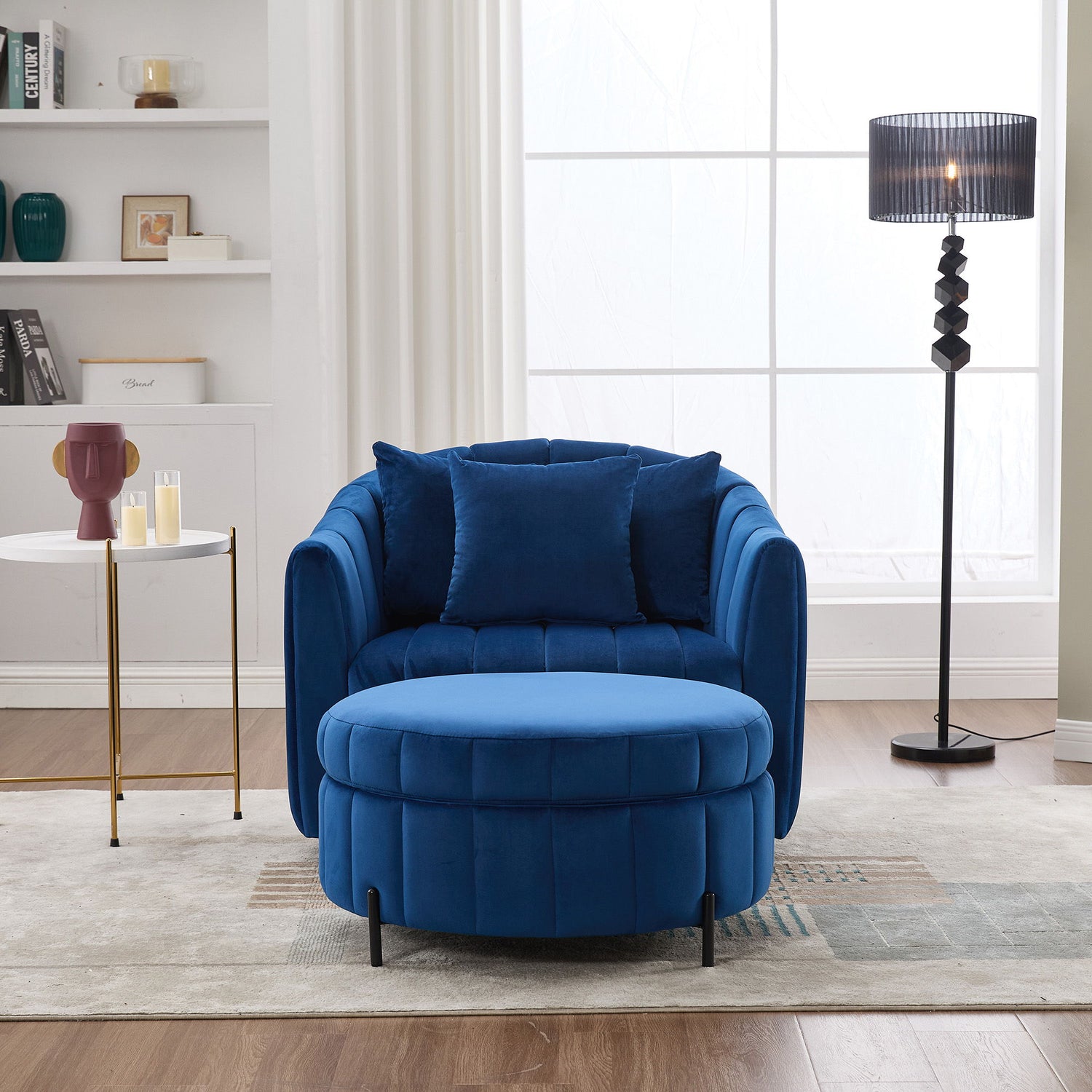Oversized Velvet Swivel Barrel Accent Chair And Ottoman Set With Storage