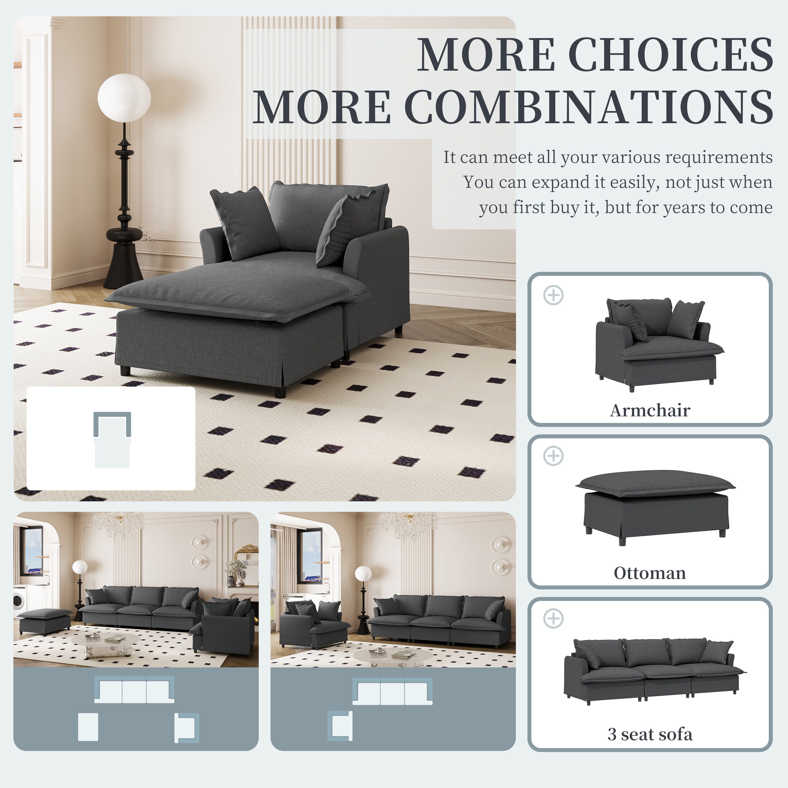 Oversized Chaise Lounge Indoor Single Sofa Bed With Wide Seat, Upholstered Lazy Sleeper Armchair With Movable Ottoman Reading Couch Set