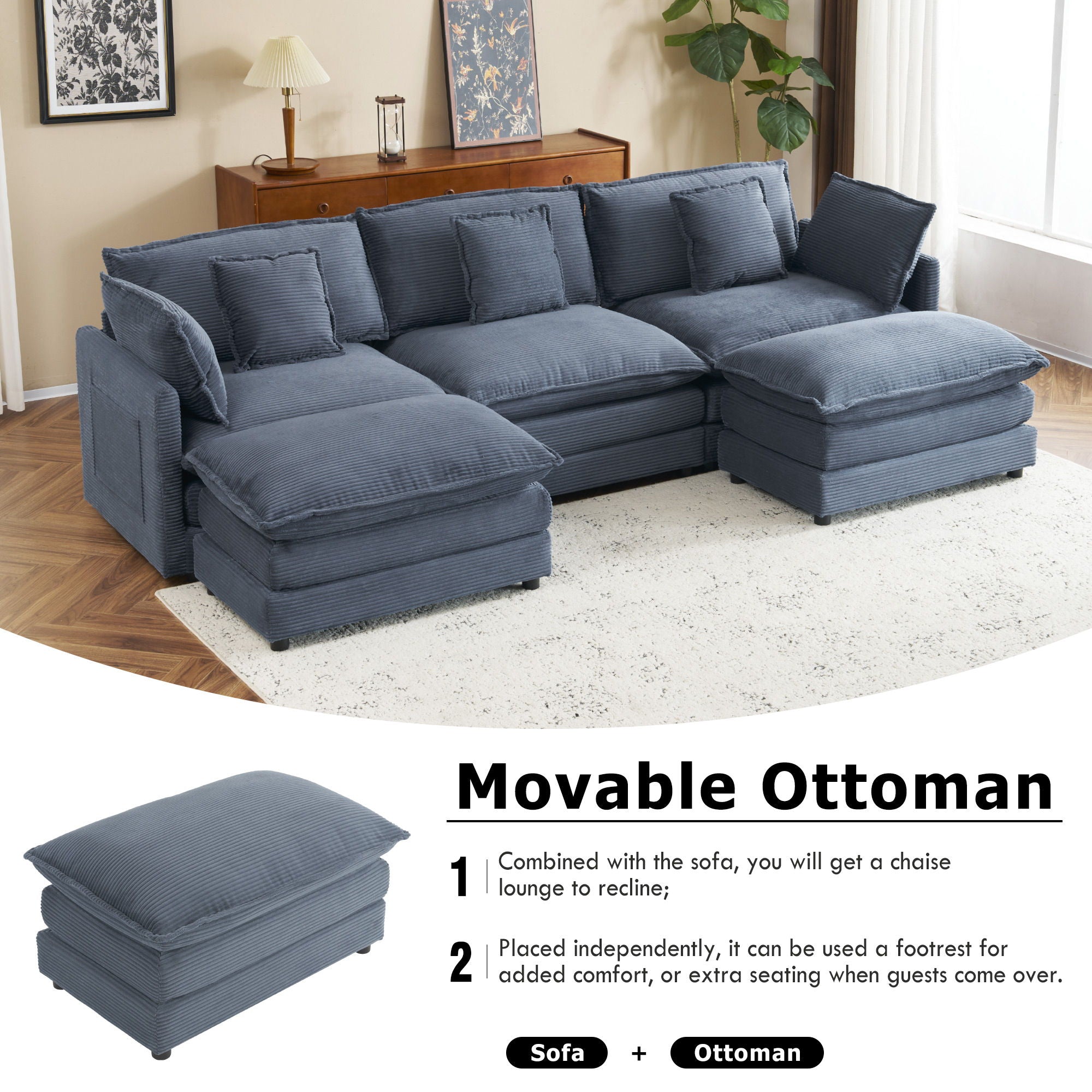 Modern Modular Sectional Sofa With Side Storage Pockets For Living Room