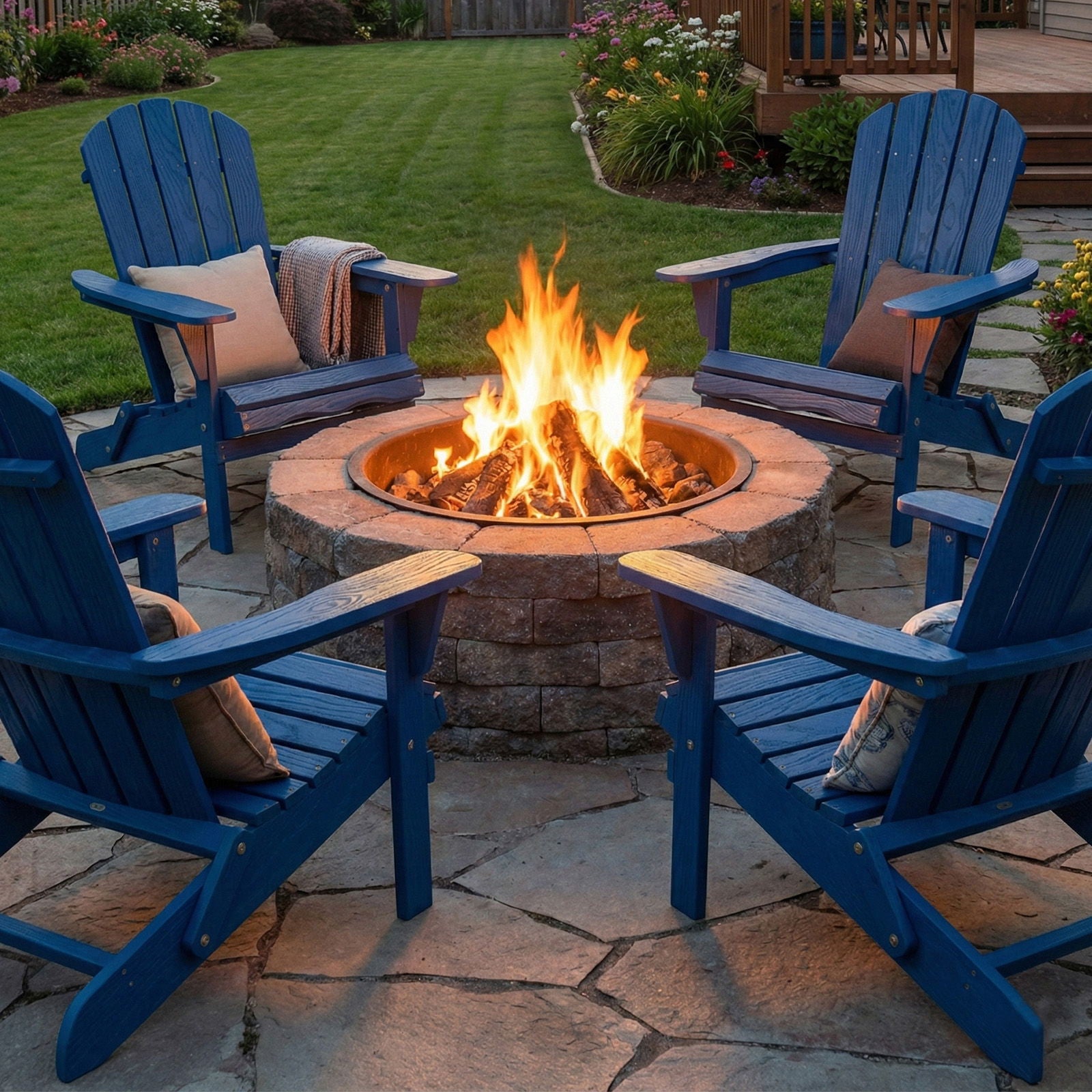 Folding Adirondack Lounge Chair With Embossed Grain For Patio, Backyard, Deck Or Pool Side - Navy Blue