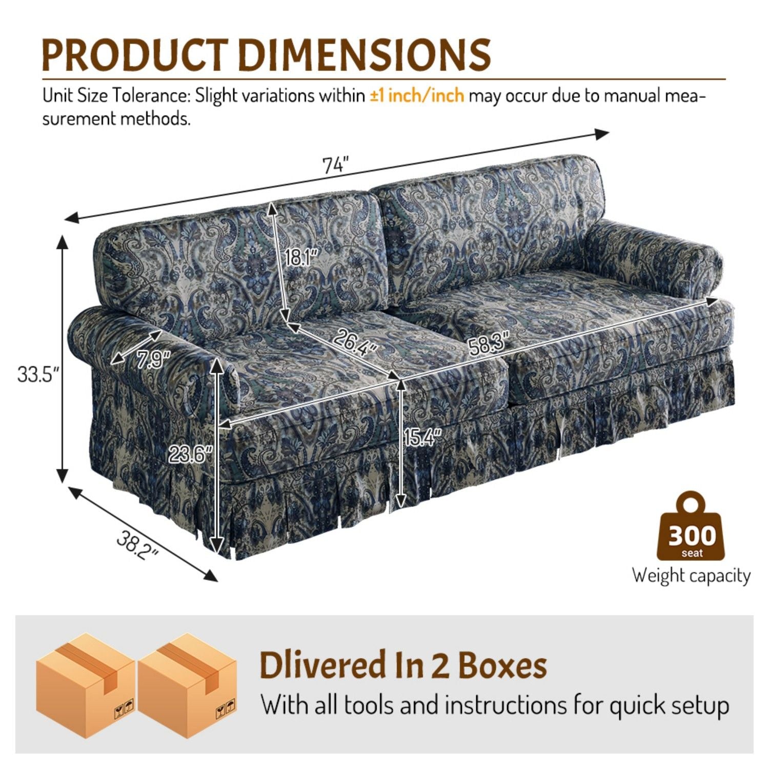 Luxuriously Comfortable Cloud Couch Sofa With Elegant Rolled Arms & Pleated Skirt Design