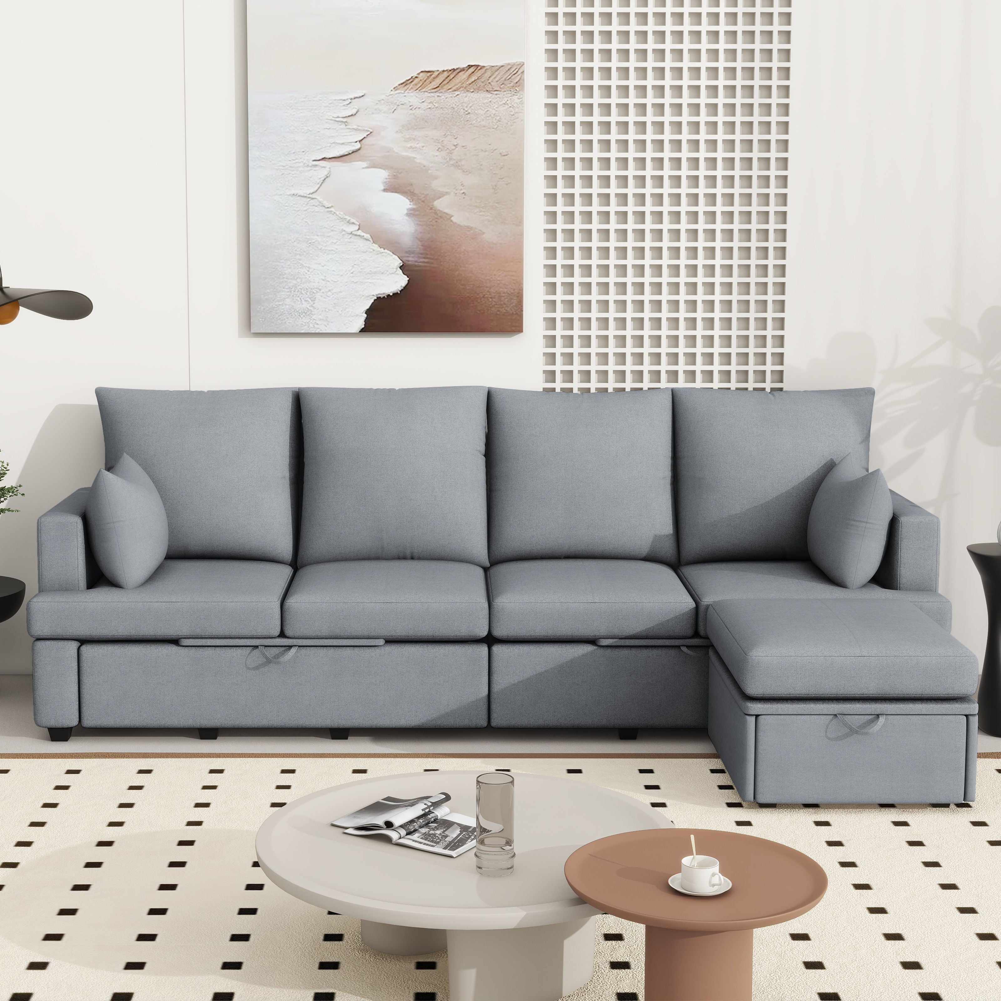 Modern Modular Sofa, 6 Seat Chenile Sectional Couch Set With 2 Pilows Included, Freely Combinable
