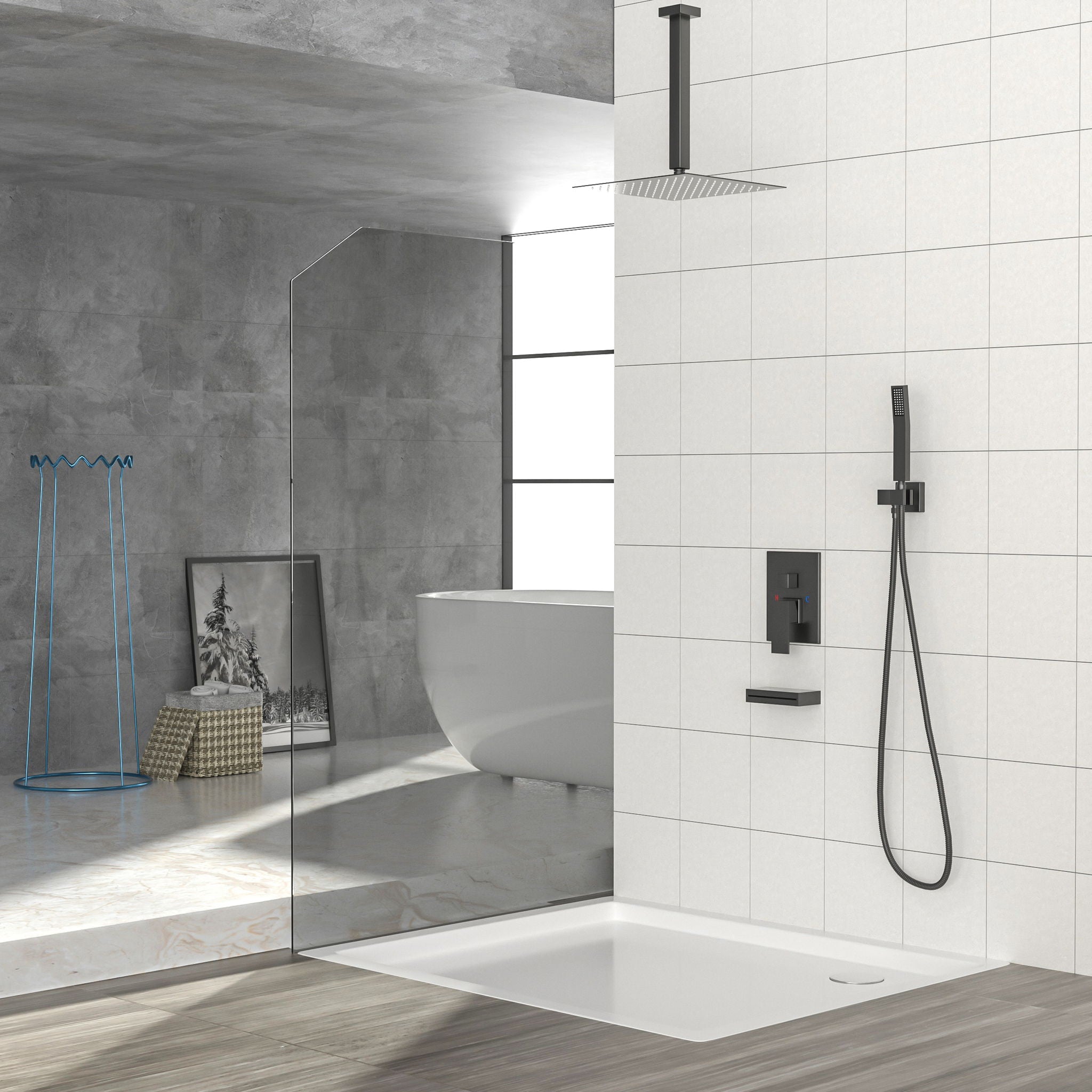12" Ceiling Mount Shower System With Waterfall Tub Spout And Rough In Valve - Matte Black
