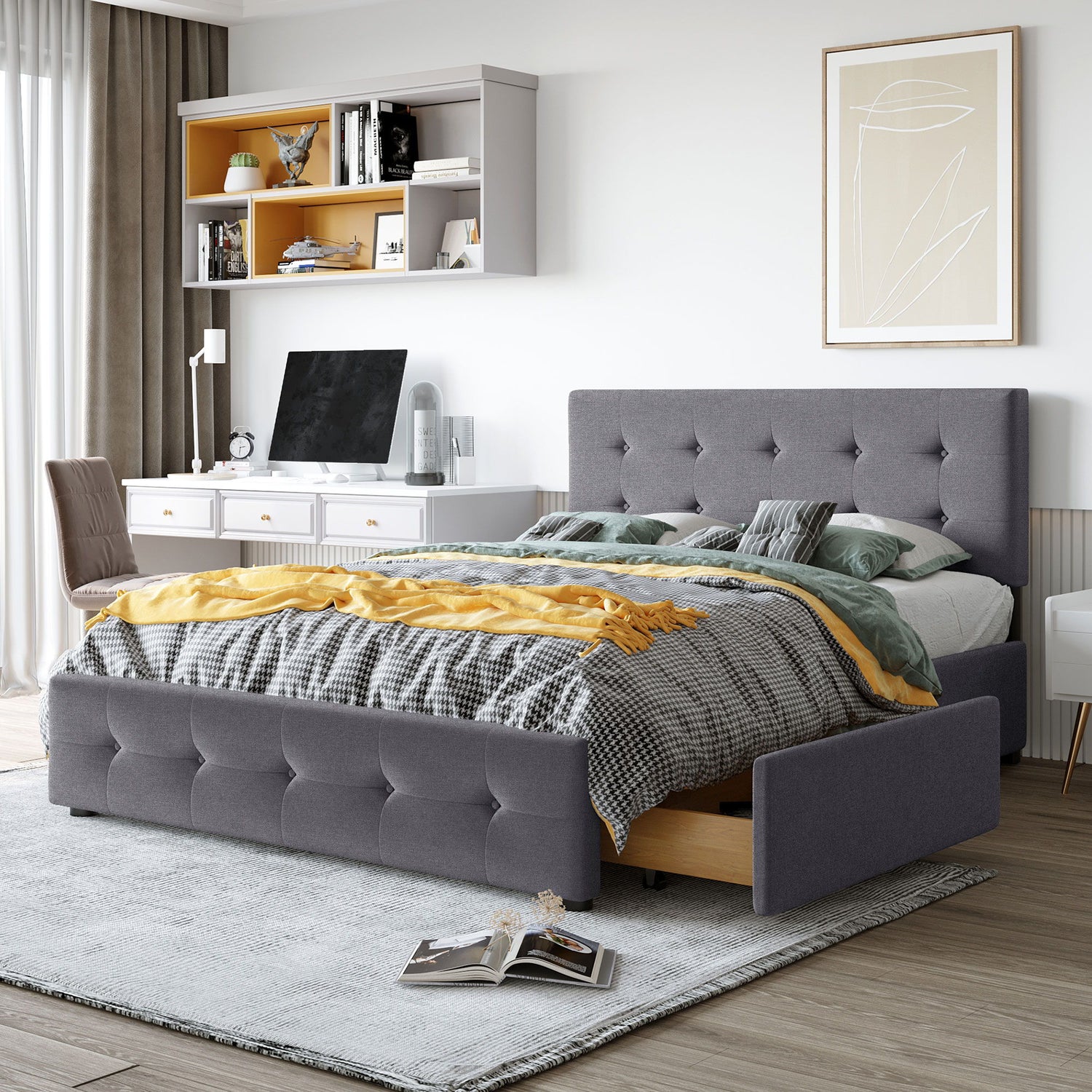 Upholstered Platform Bed With Classic Headboard And Drawers, No Box Spring Needed