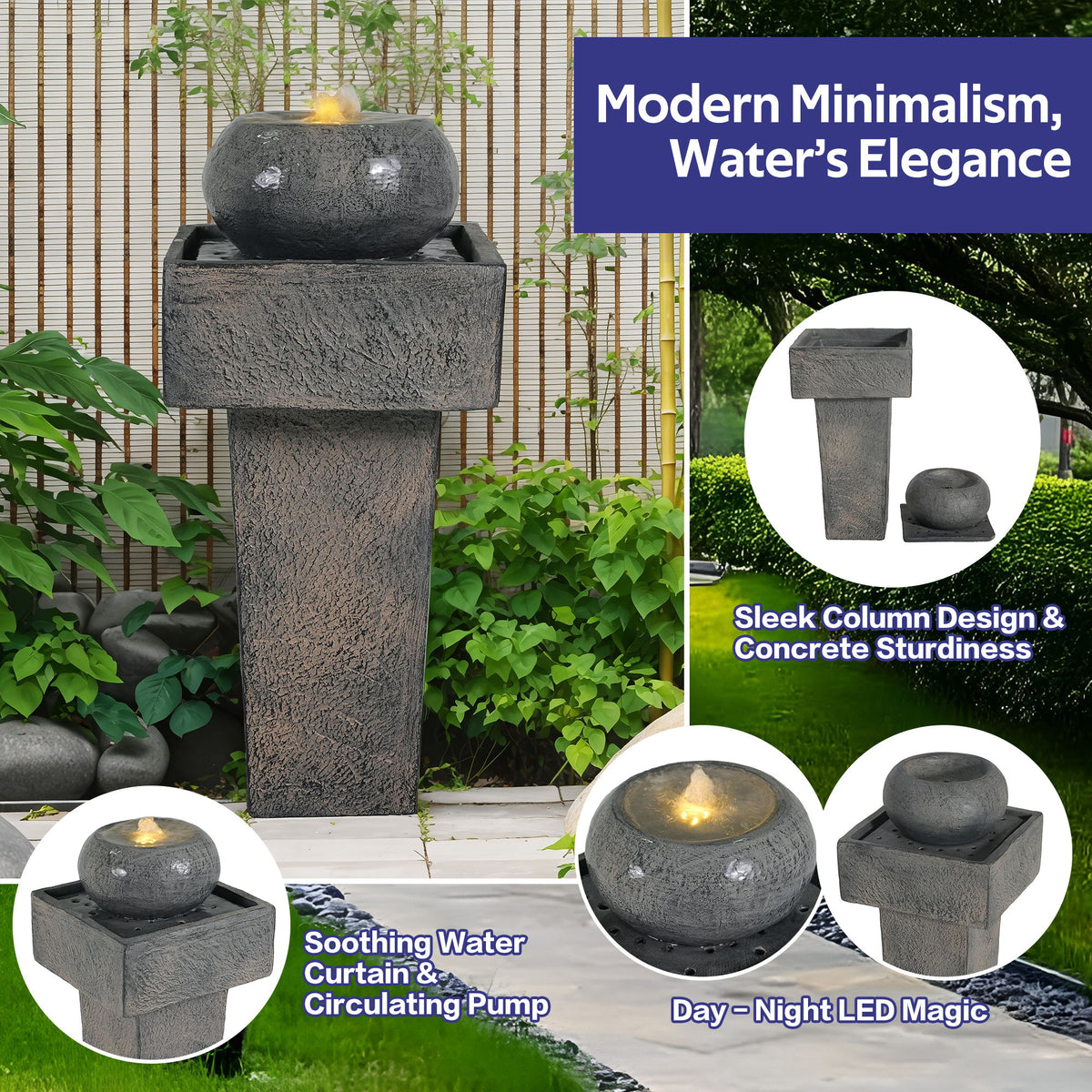 Minimalist Column Fountain With LED Lighting, Outdoor Decor For Patio, Porch And Garden - Gray