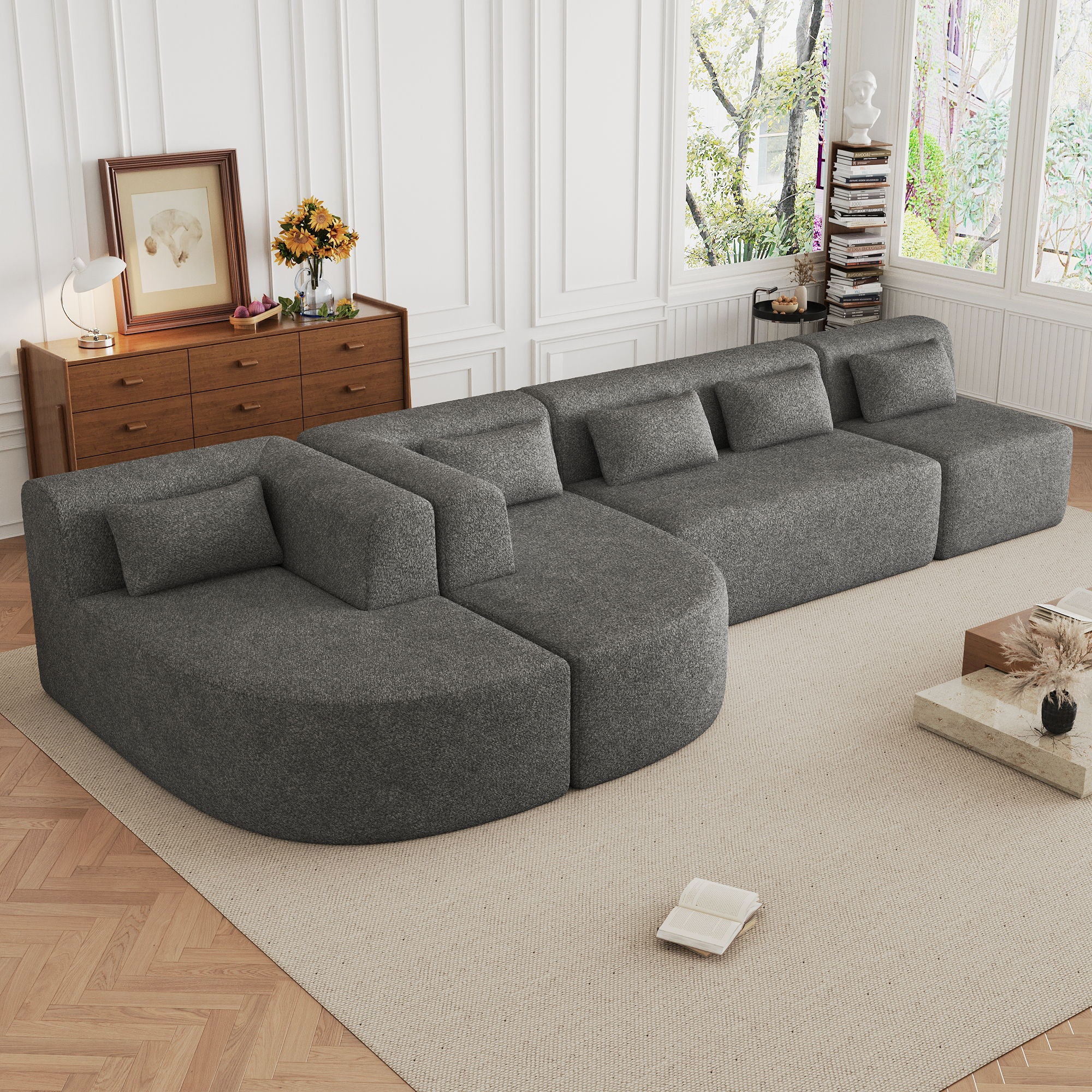 Upholstered Sofa Free Combined Sofa Couch With 2 Chaise Lounge And Five Back Pillows For Living Room