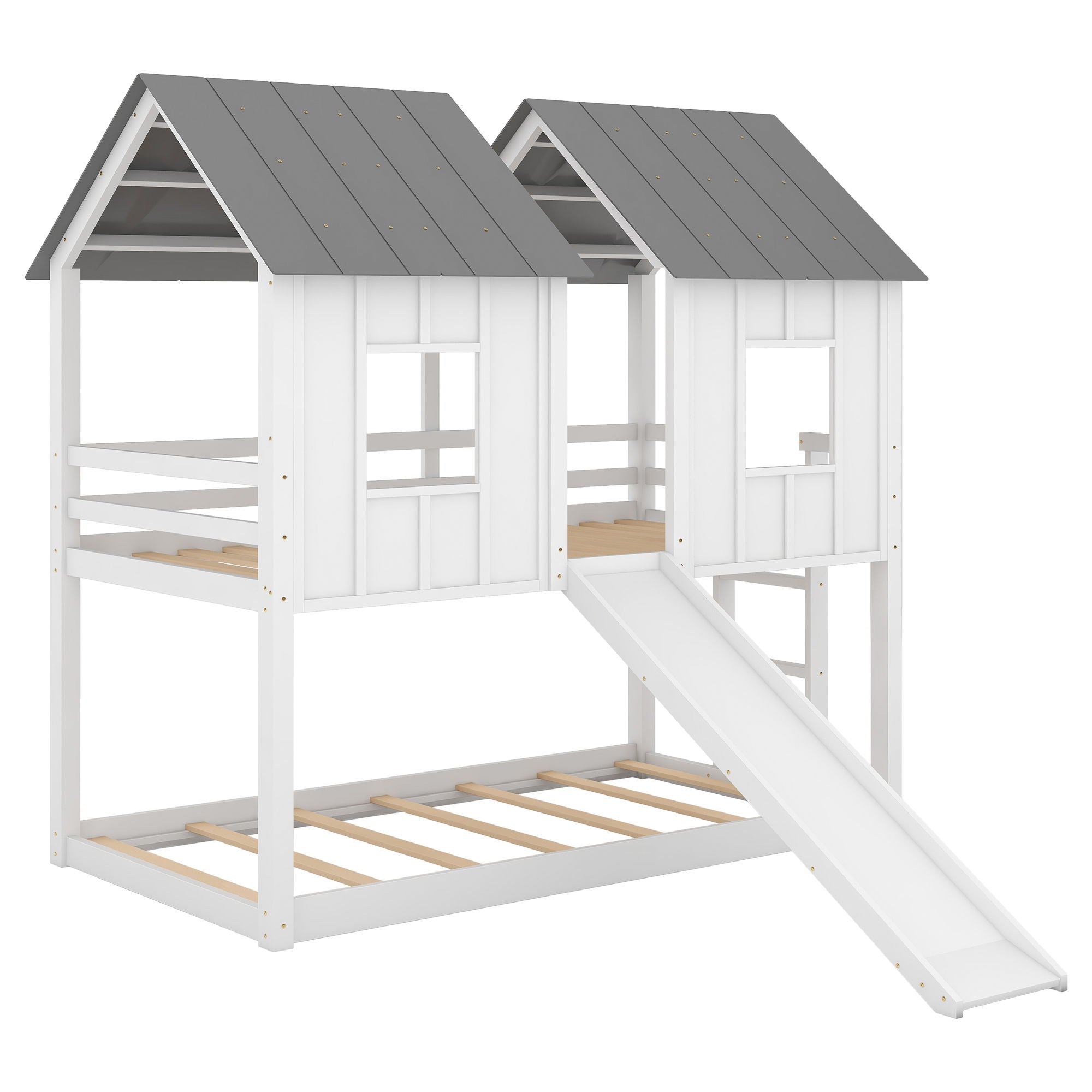 Twin Over Twin House Bunk Bed With Slide And Windows - White / Gray