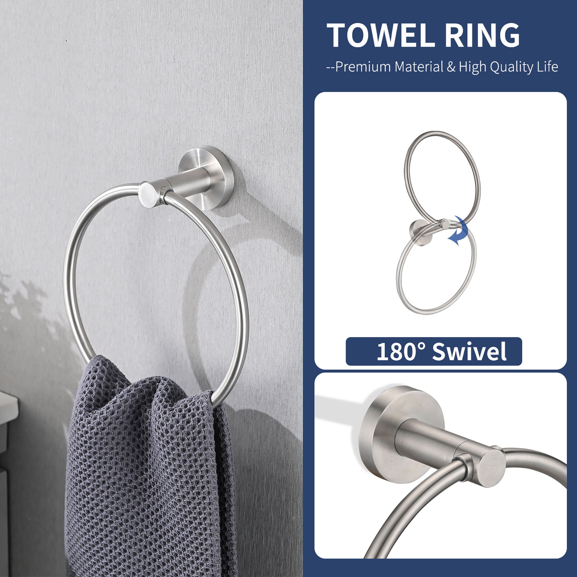Bathroom Set 4 Pack With Towel Bar Racks, Toilet Paper Holder, Ring, Hook, Stainless Steel - Brushed Nickel