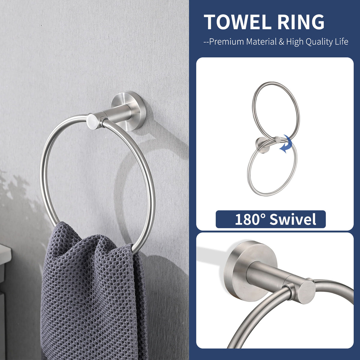 Bathroom Set 4 Pack With Towel Bar Racks, Toilet Paper Holder, Ring, Hook, Stainless Steel - Brushed Nickel
