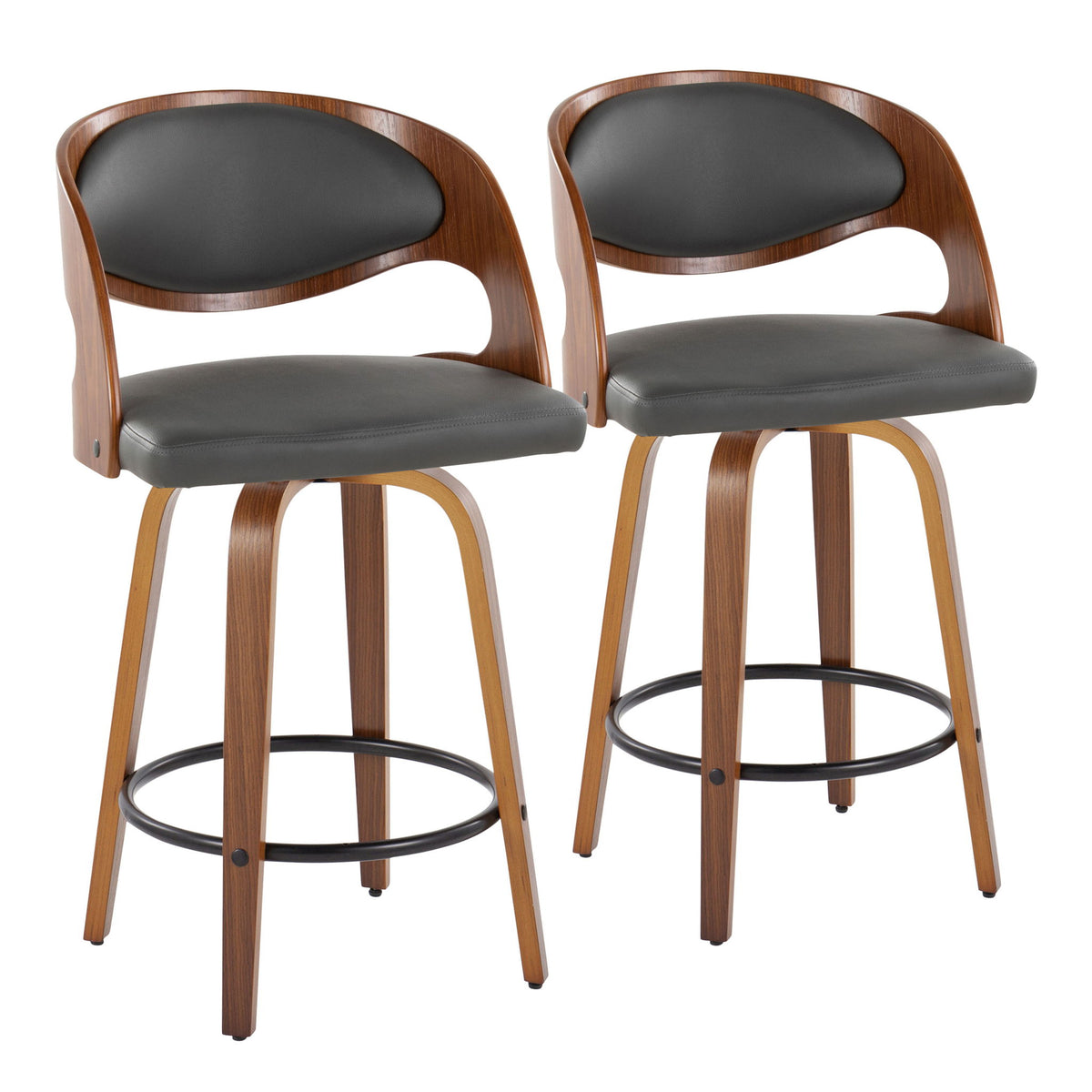Pino - Mid-Century Modern Fixed Height Barstool With Swivel With Round Footrest (Set of 2) - Gray