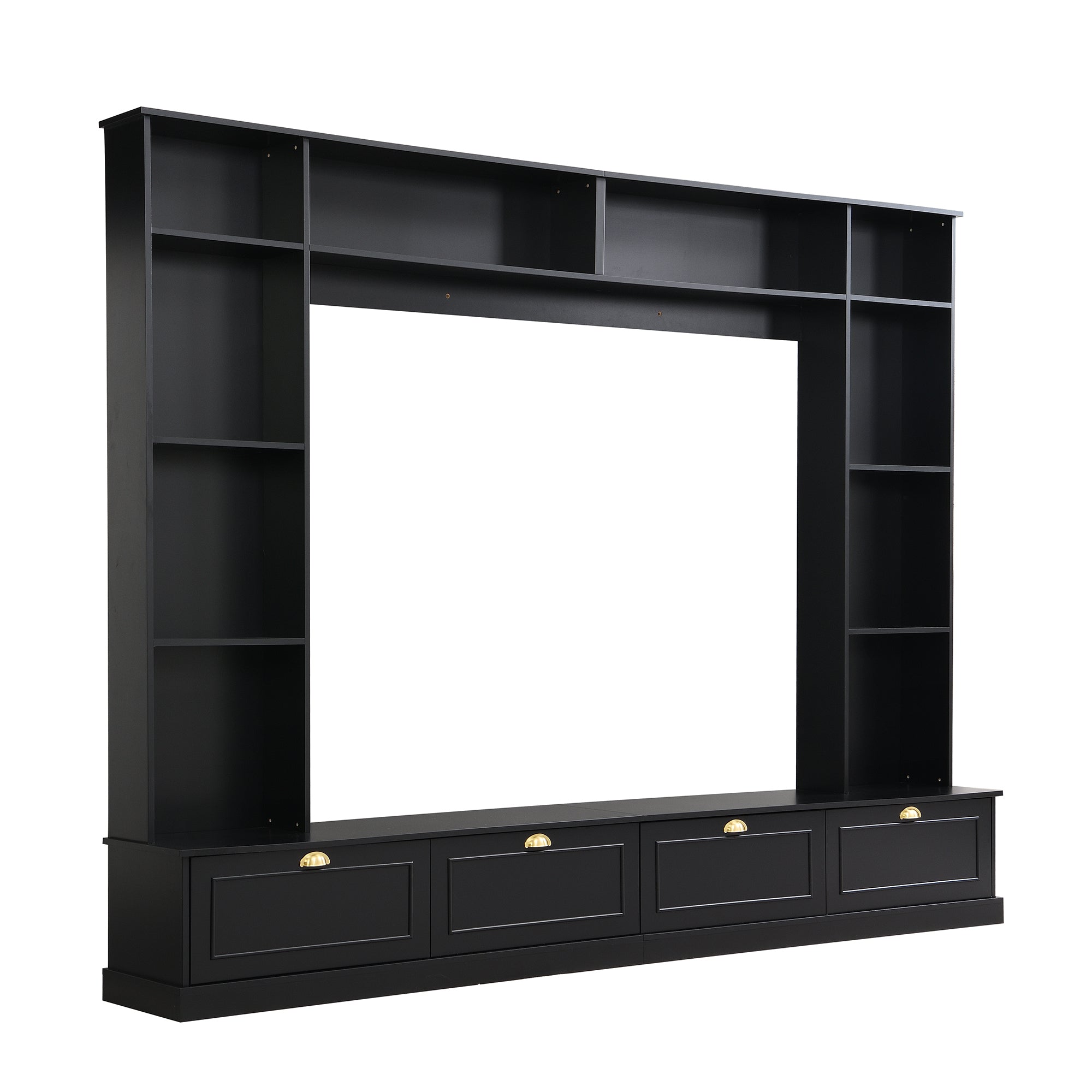 Large Wall Unit Entertainment Center with Bookshelves for TVs Up to 78" Modern TV Console with Cabinets and Open Shelves, 4-in-1 TV Stand with Golden Handles, Black, 104.2&