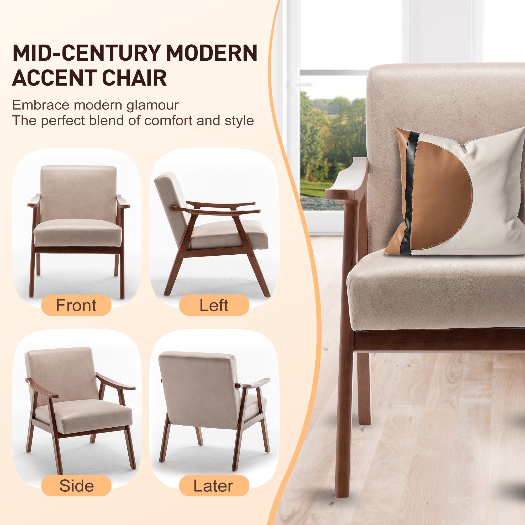 Mid Century Modern Accent Chair With Solid Wood Frame And Extra Thick Backrest