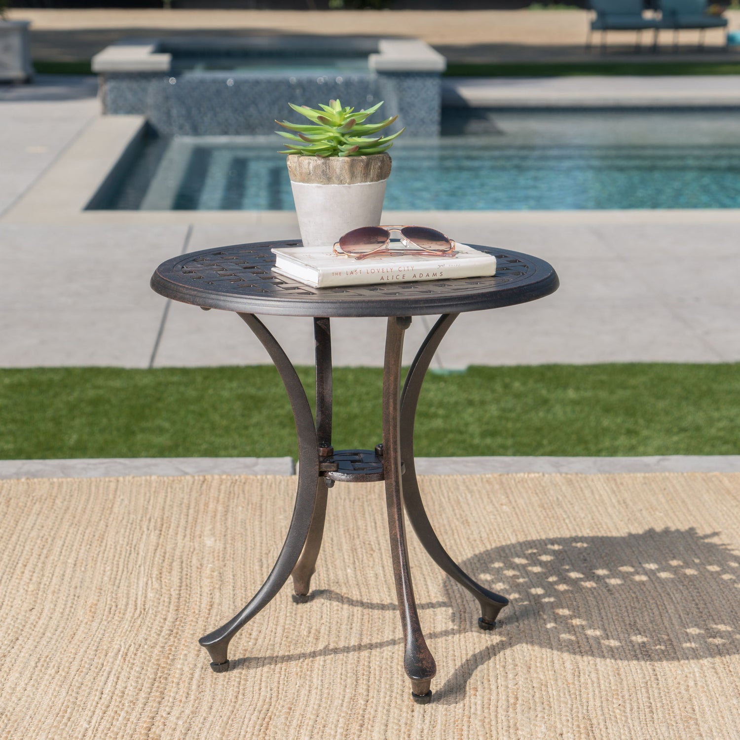Lunaire - Outdoor Round Cast Aluminum Side Table With Lattice Top And Curved Legs - Bronze