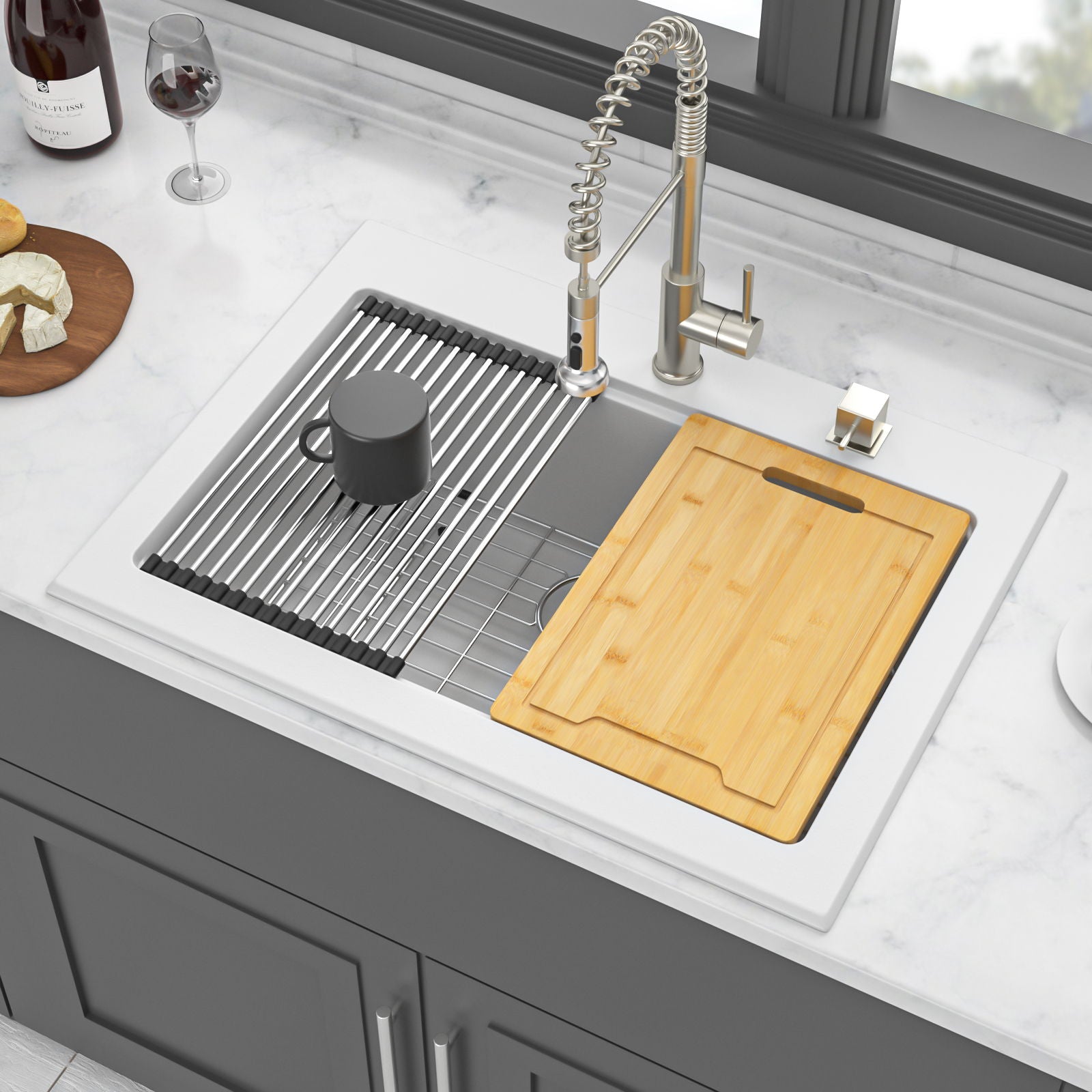 Quartz Kitchen Sink 30" X 22" Granite Composite Workstation Drop In Sink - White