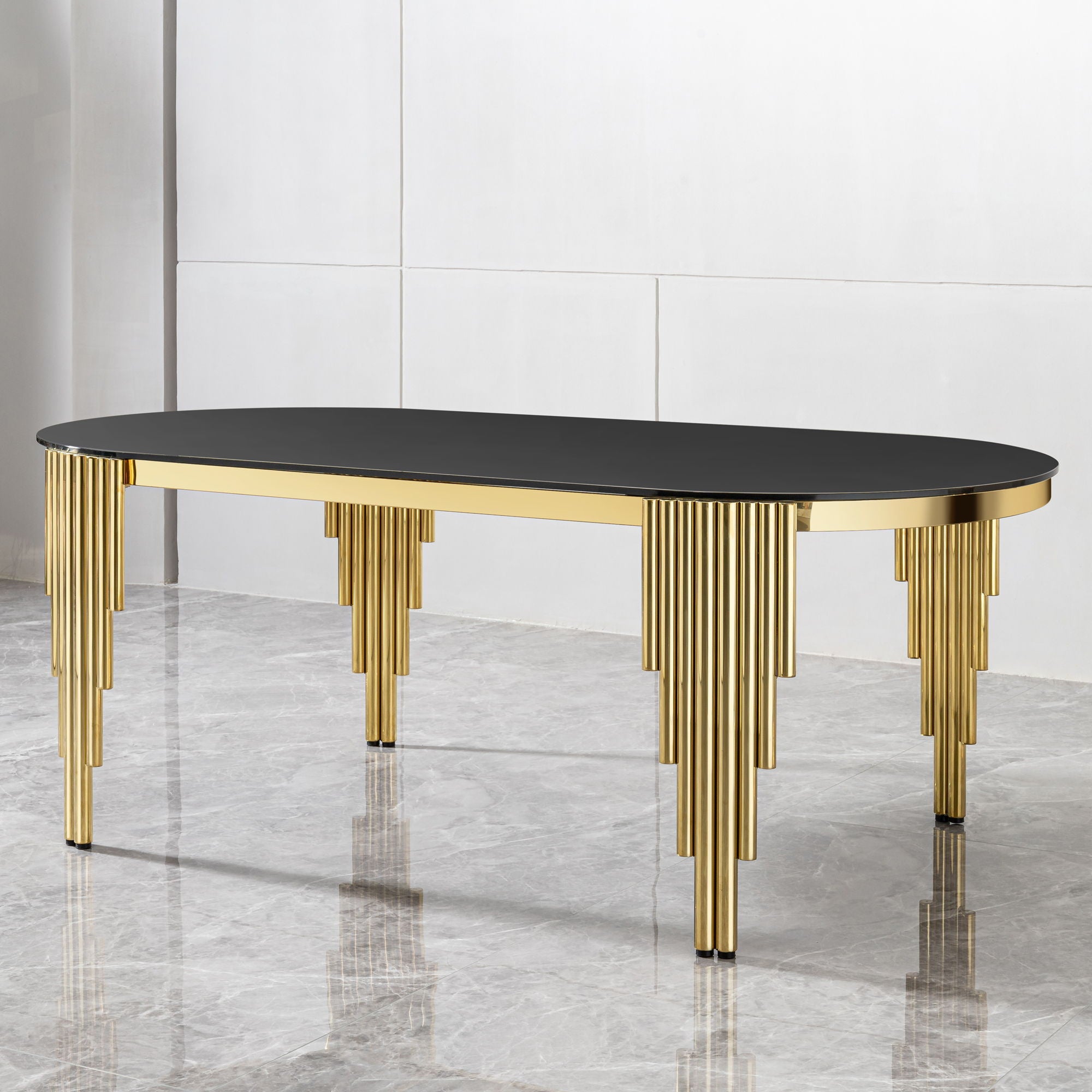 Oval Dining Table With Glass Top And Stainless Steel Base