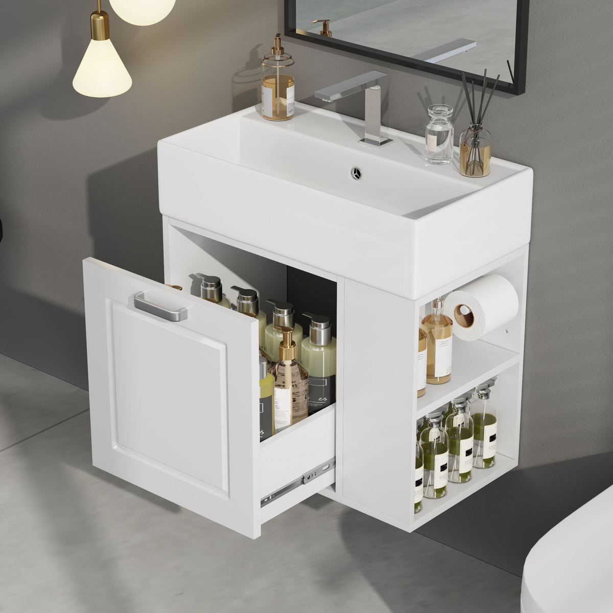 Modern Wall Mounted Bathroom Vanity With Sink, Soft Close Drawer, Adjustable Shelf, Toilet Paper Holder