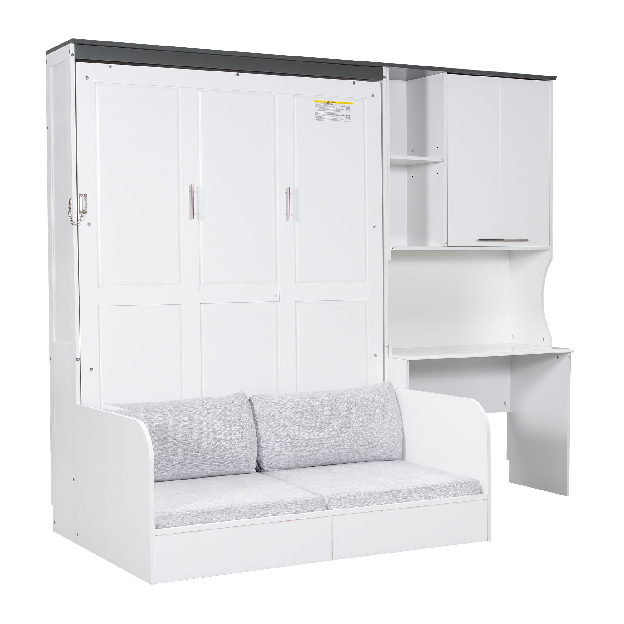 Multi Functional Murphy Bed With Sofa, Desk, And Storage Cabinet In, Full Size - White