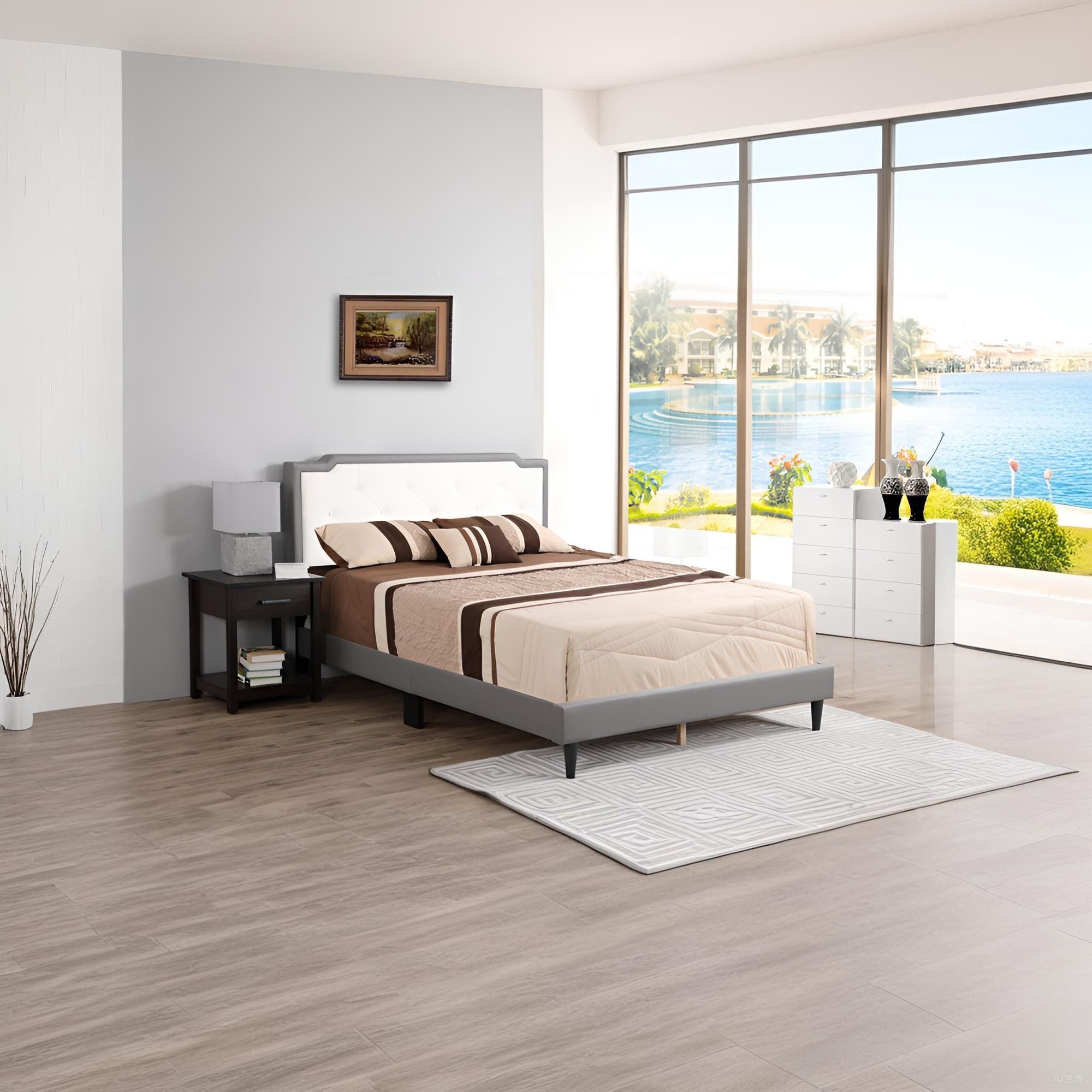 Queen Bed With Tufted Headboard - Light Gray