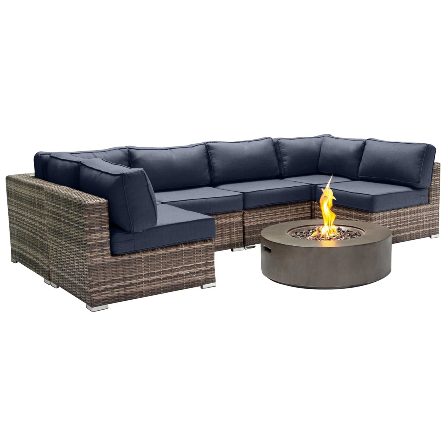 Outdoor 7 Piece Sectional Seating Group With Cushions And Fire Pit - Gray / Navy