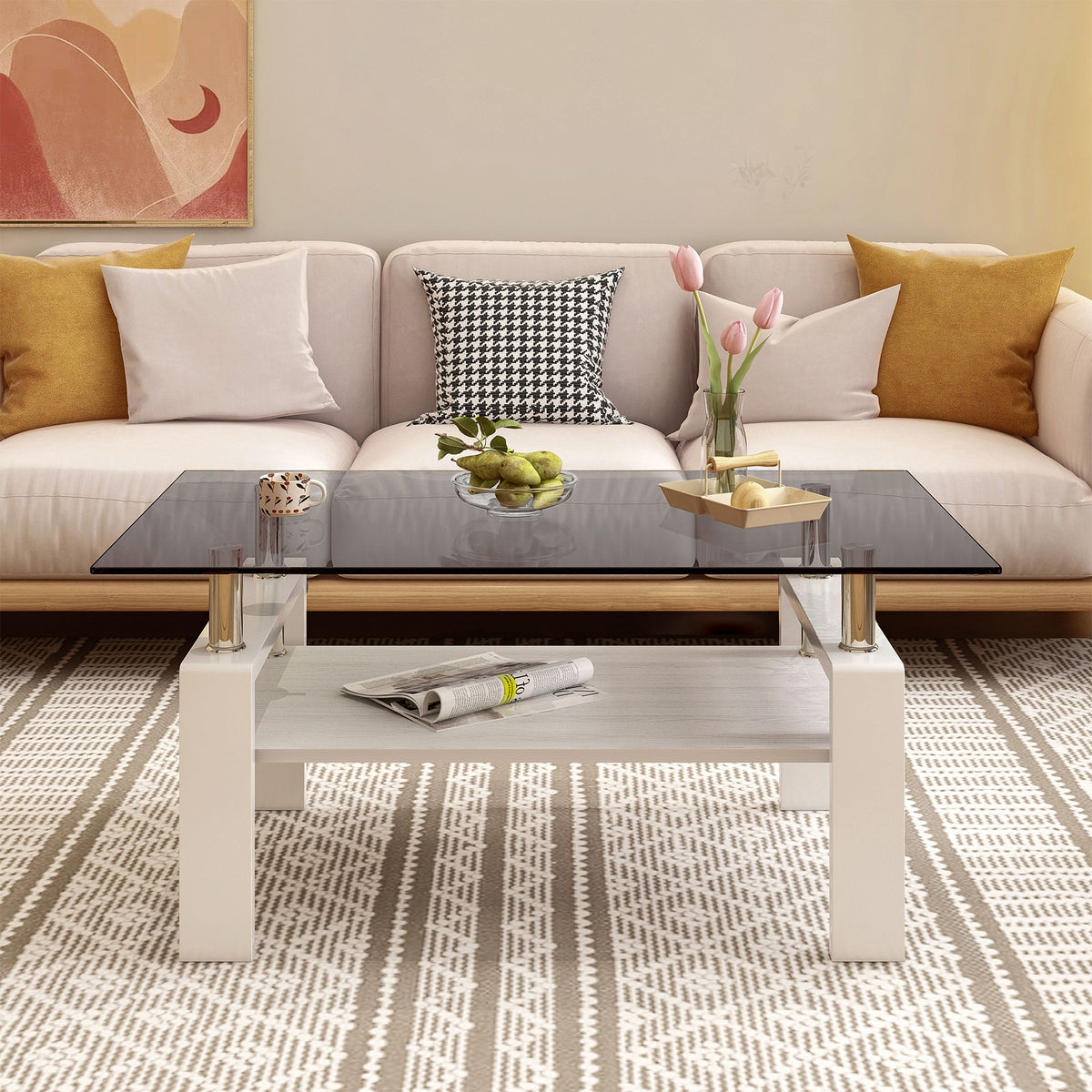 Modern Rectangular Coffee Table With Tempered Transparent Glass Top And Storage Shelf