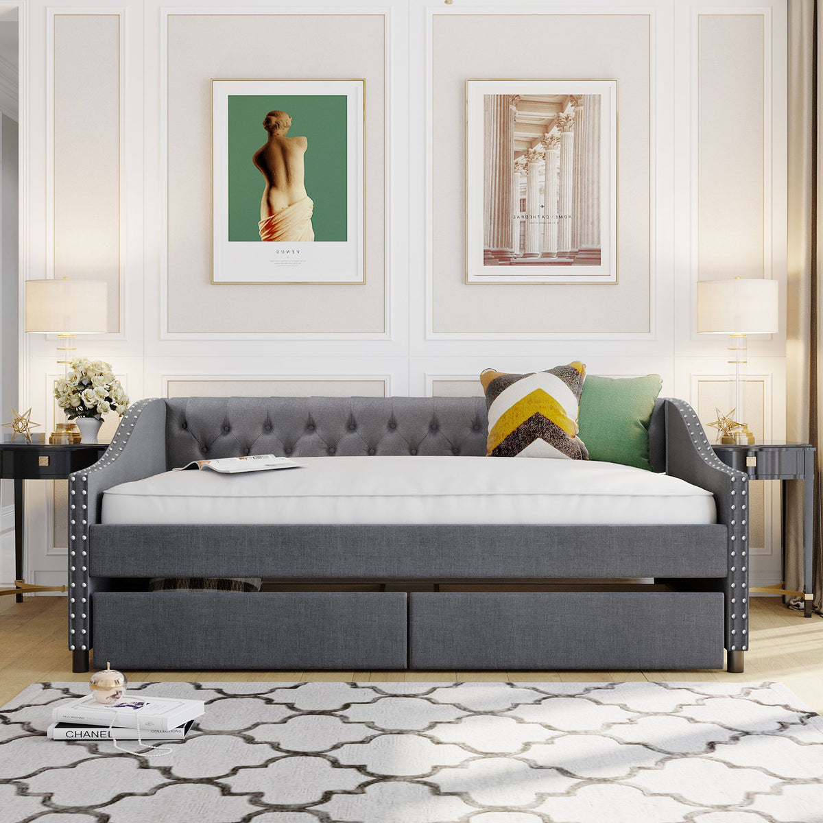 Upholstered Daybed With Two Drawers, Wood Slat Support