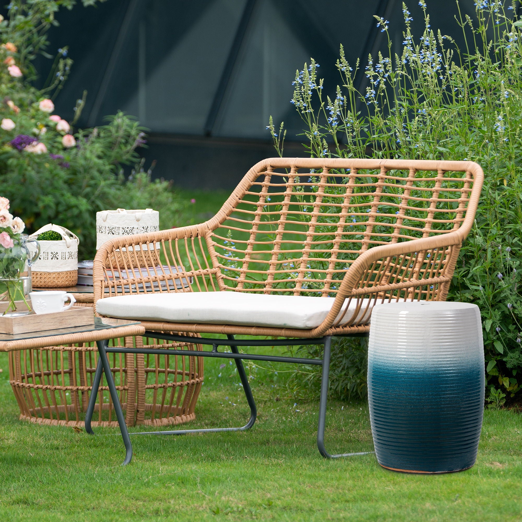 Ceramic Decorative Garden Stool - Blue