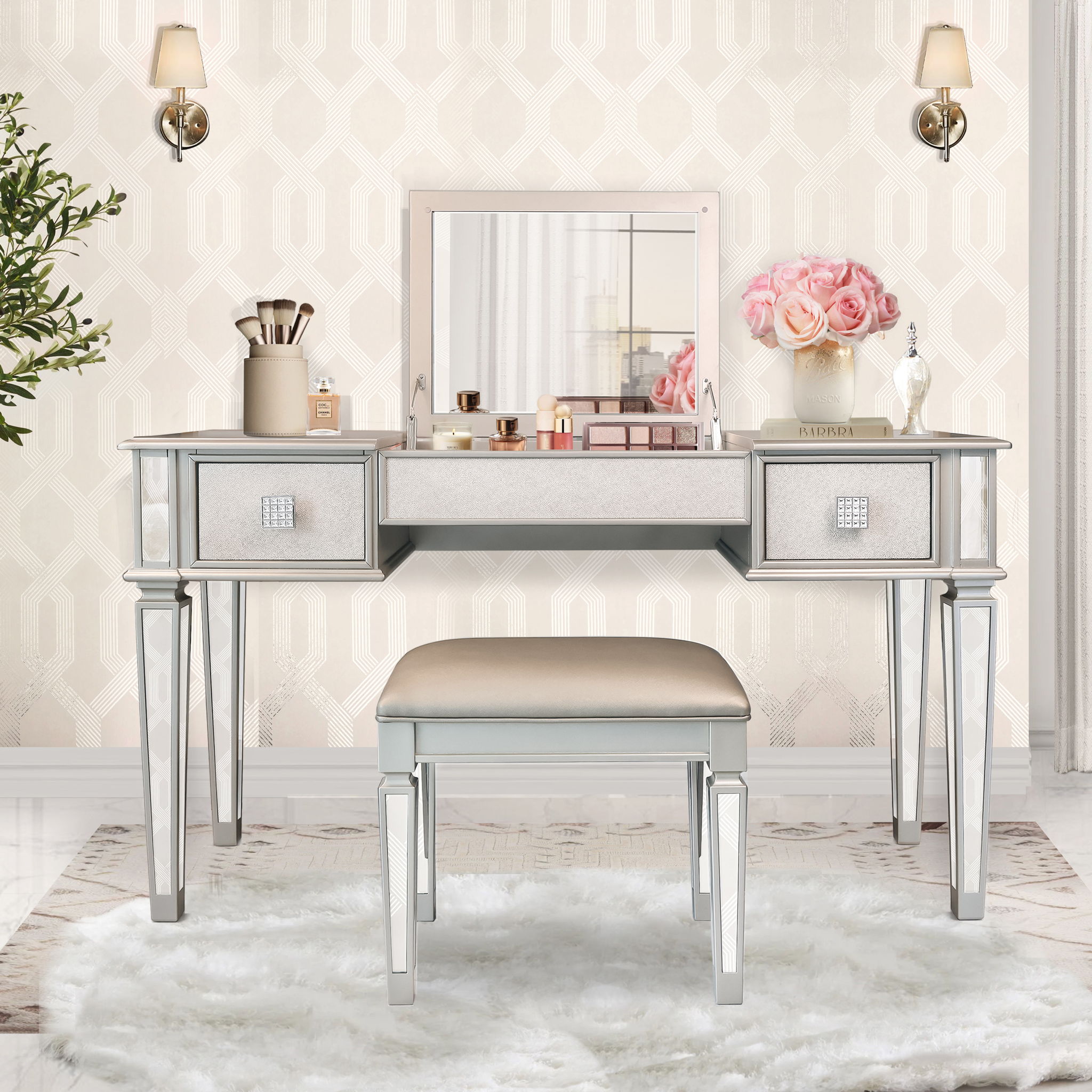 Mirrored Vanity Desk With Drawers And Stool, Flip Up Dressing Table Set For Makeup Room
