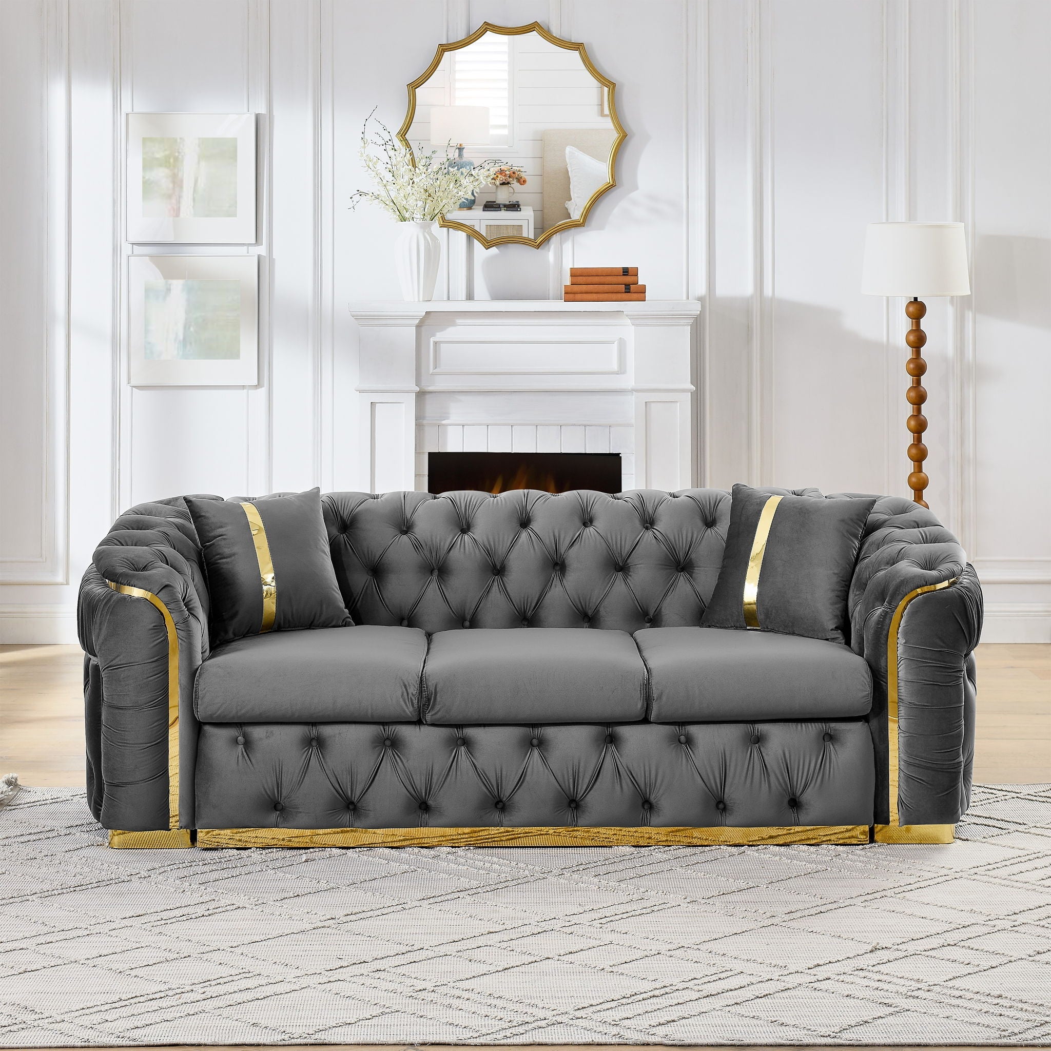 Button Tufted Couch With 2 Pillows, 3 Seater Luxury Chesterfield Sofa