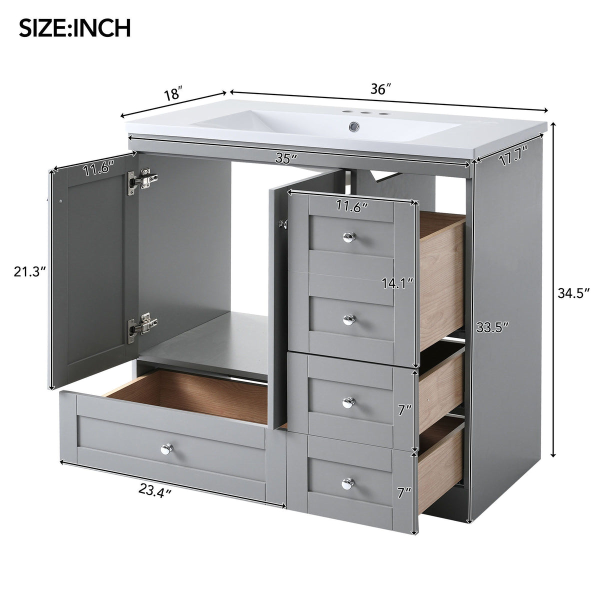 Shaker Free Standing Bathroom Vanity Cabinet & Sink, Soft Close Drawers, Soft Close Doors