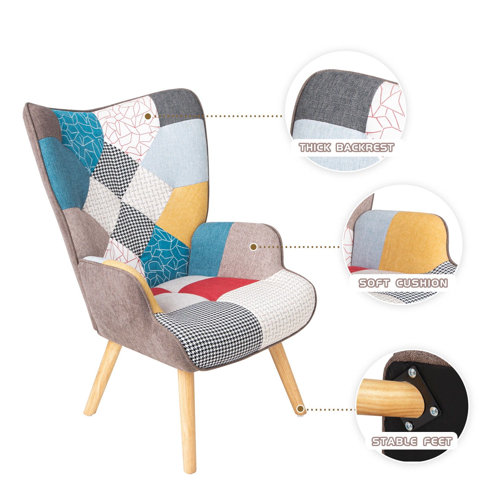 Accent Chair With Ottoman, Living Room Chair And Ottoman Set, Comfy Side Armchair For Bedroom, Creative Splicing Cloth Surface - Colorful