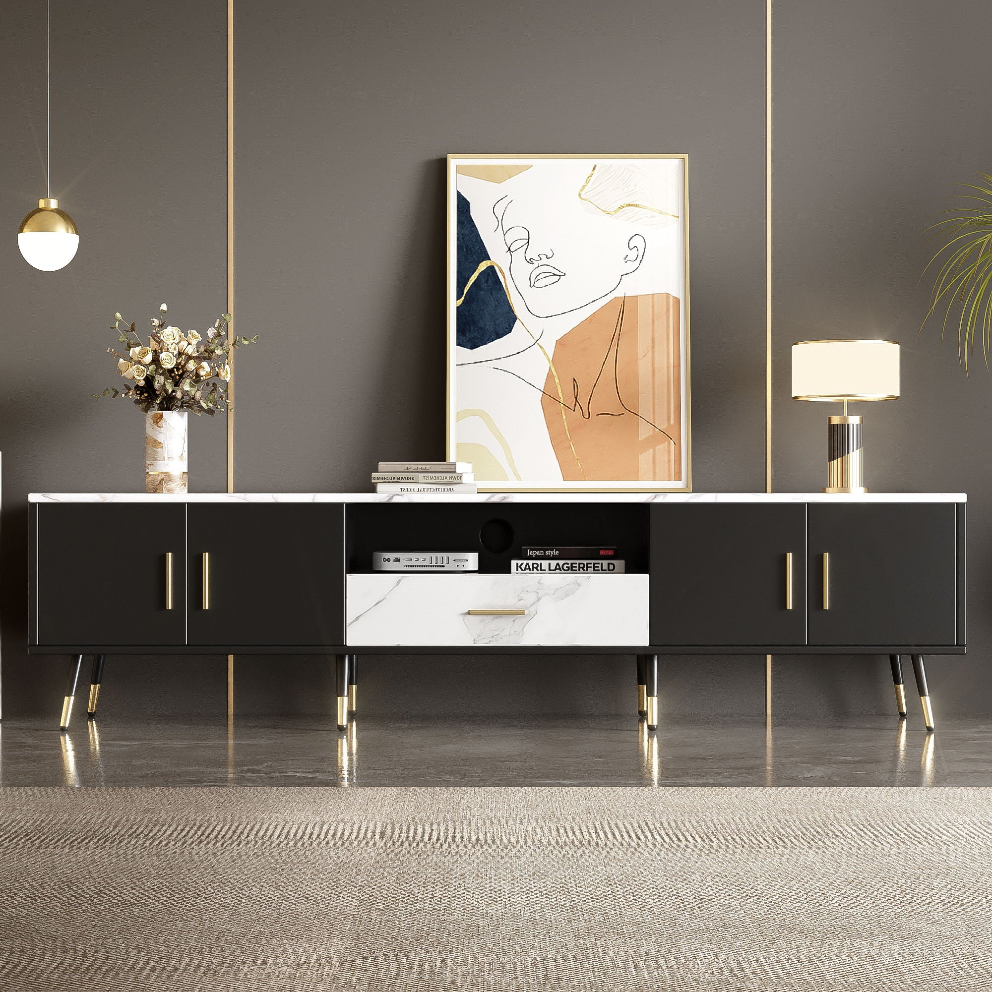 Modern TV Stand With 2 Cabinets & Open Compartments, Entertainment Center For Tvs Up To 80&