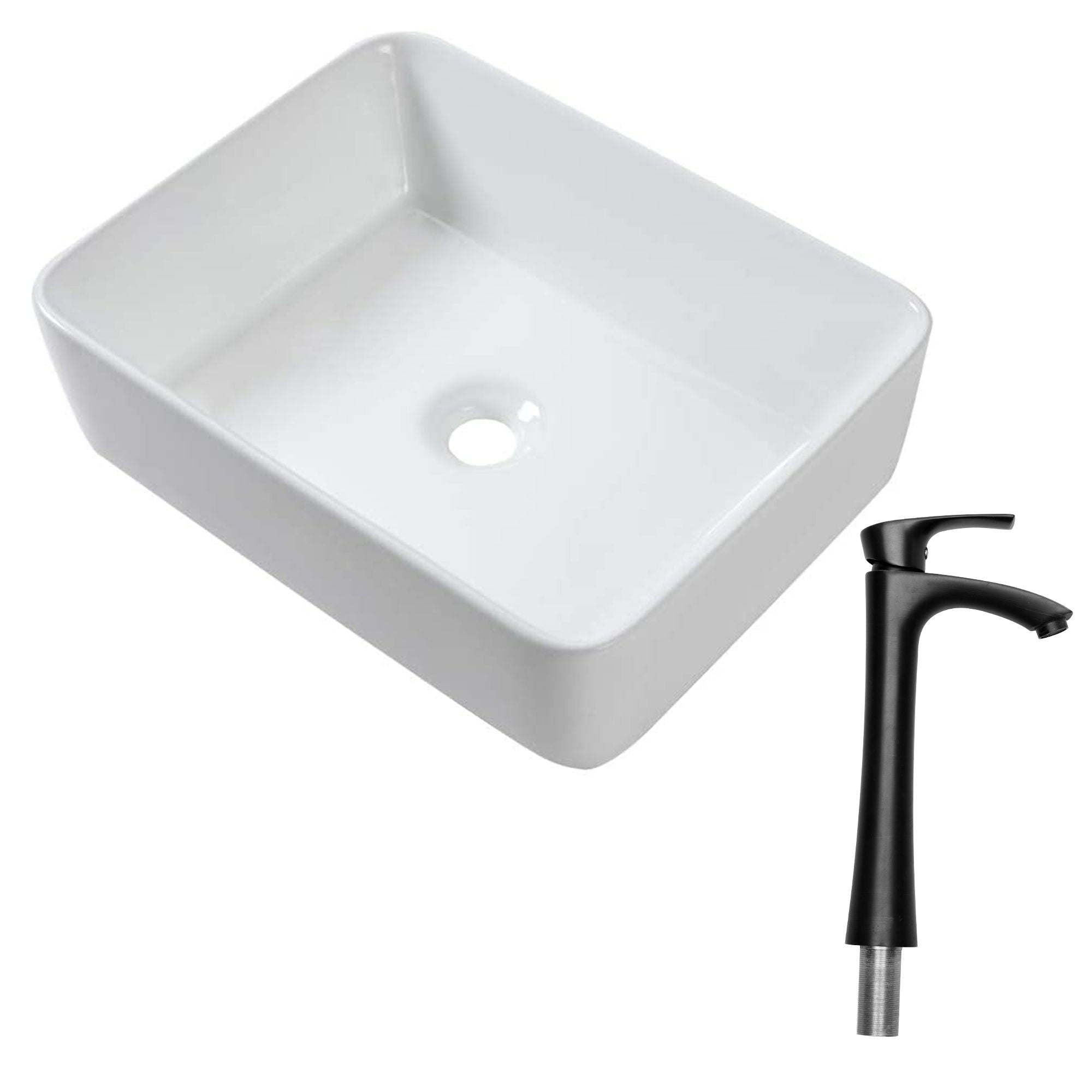19" 5" Bathroom Sink Combo Rectangular Vessel Vanity Set With Faucet Drop In Ready Ceramic Basin - White / Black