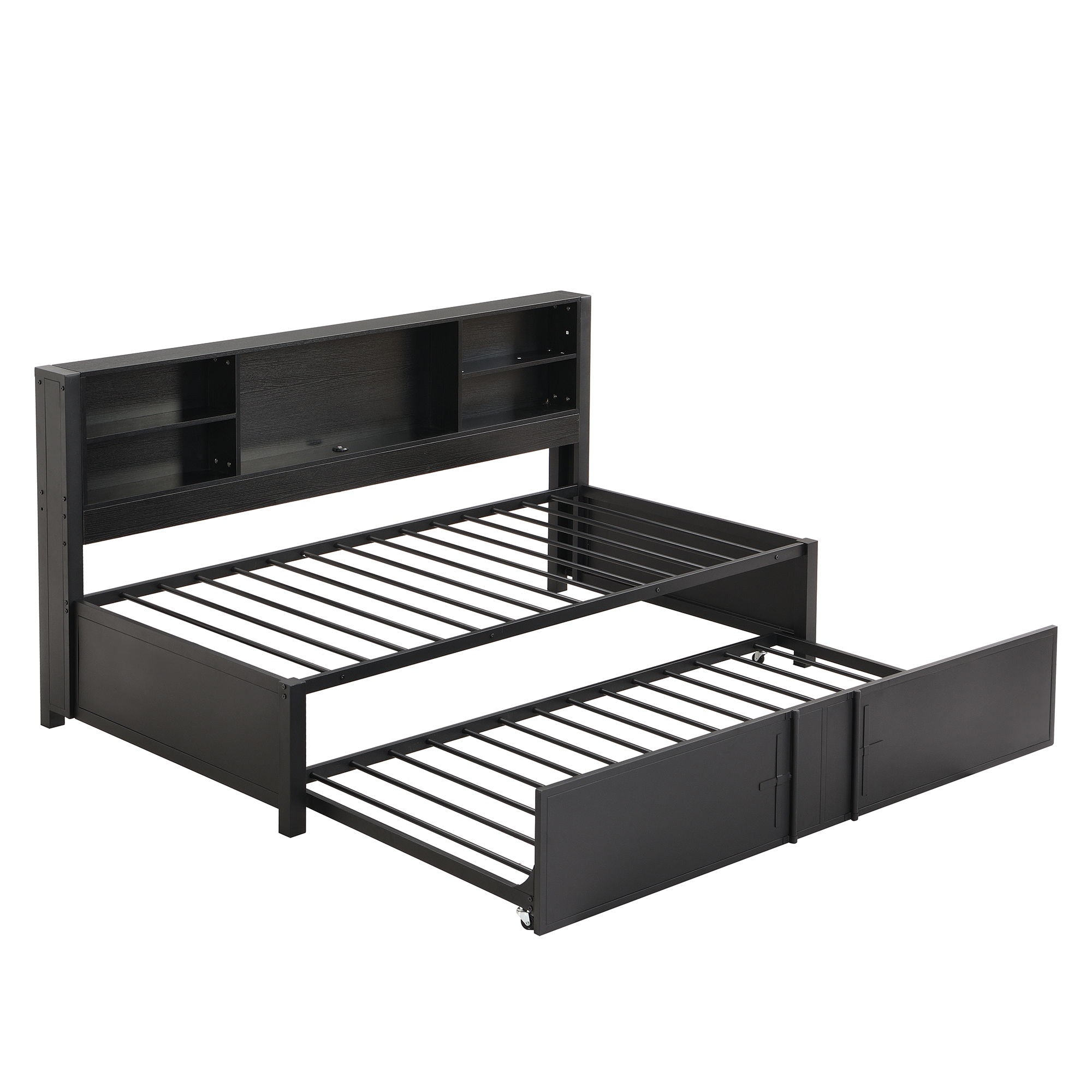 Industrial Metal Daybed With Trundle, Storage Shelves, USB Ports