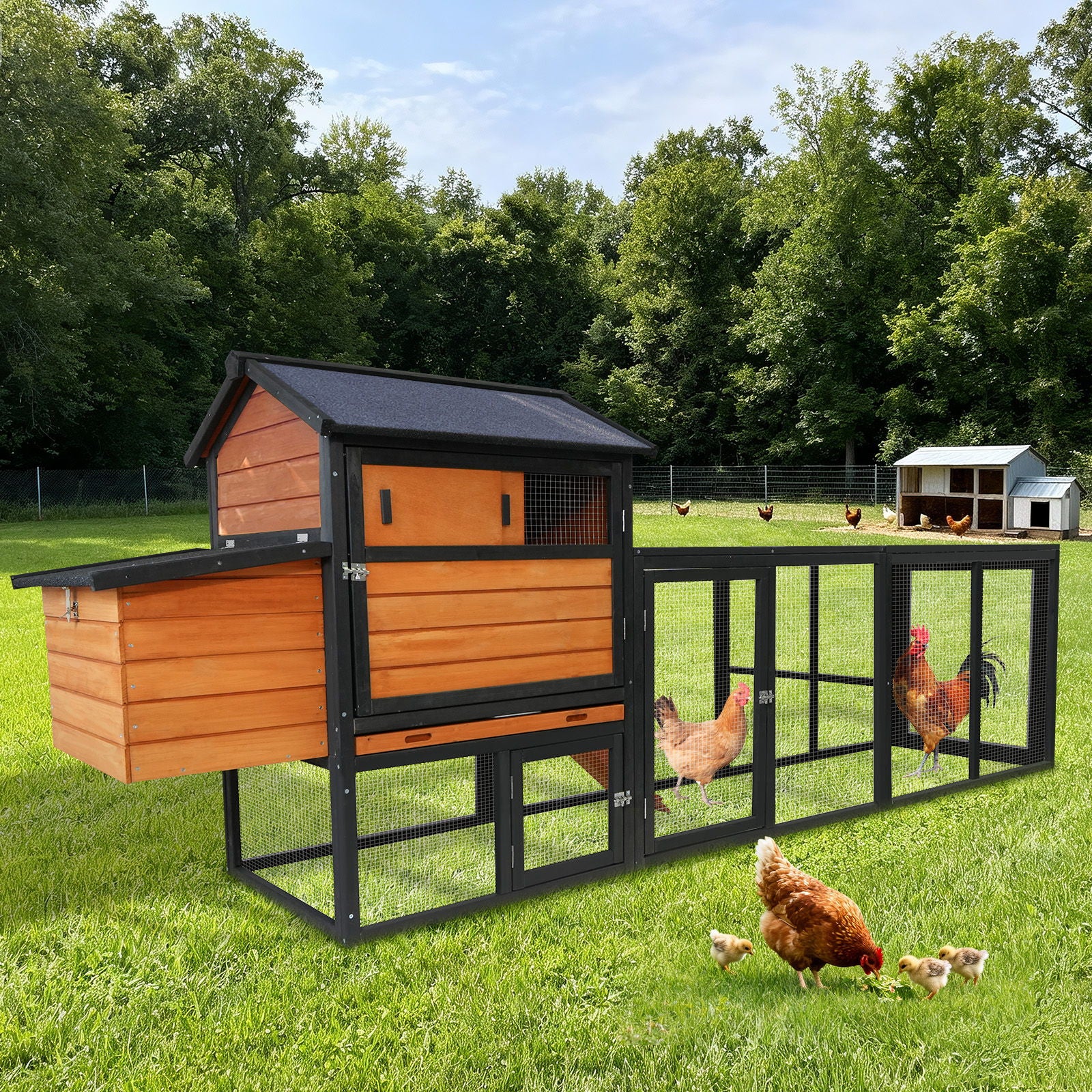 Chicken Coop, Large Outdoor Hen House With Run And Nesting Box Poultry Cage