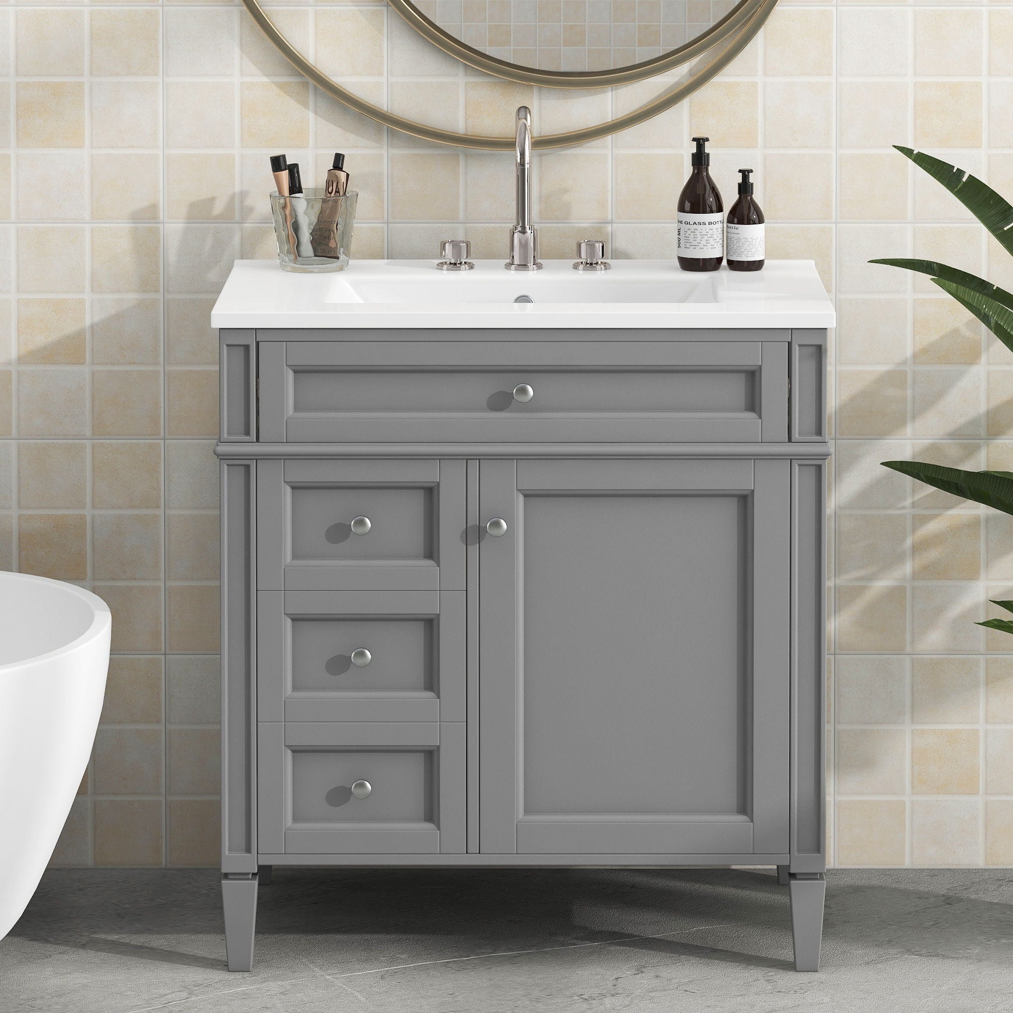 Bathroom Vanity With Top Sink, Storage Cabinet With 2 Drawers, Tip Out Drawer