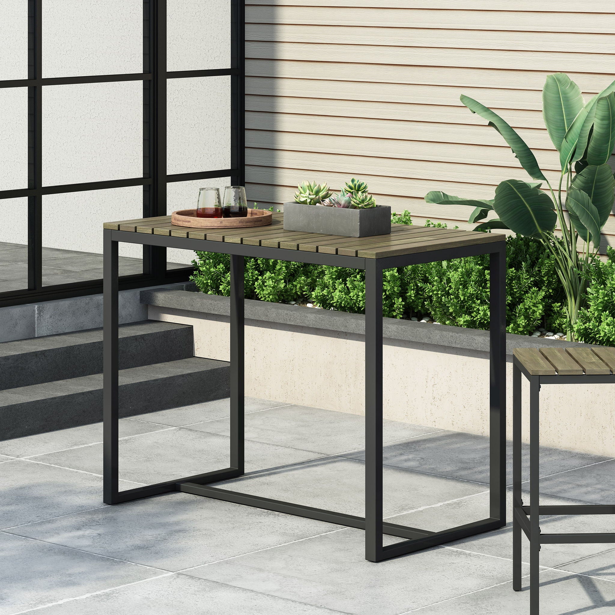 Ernesto - Outdoor Industrial Acacia Wood Bar Table With Metal Frame - Gray