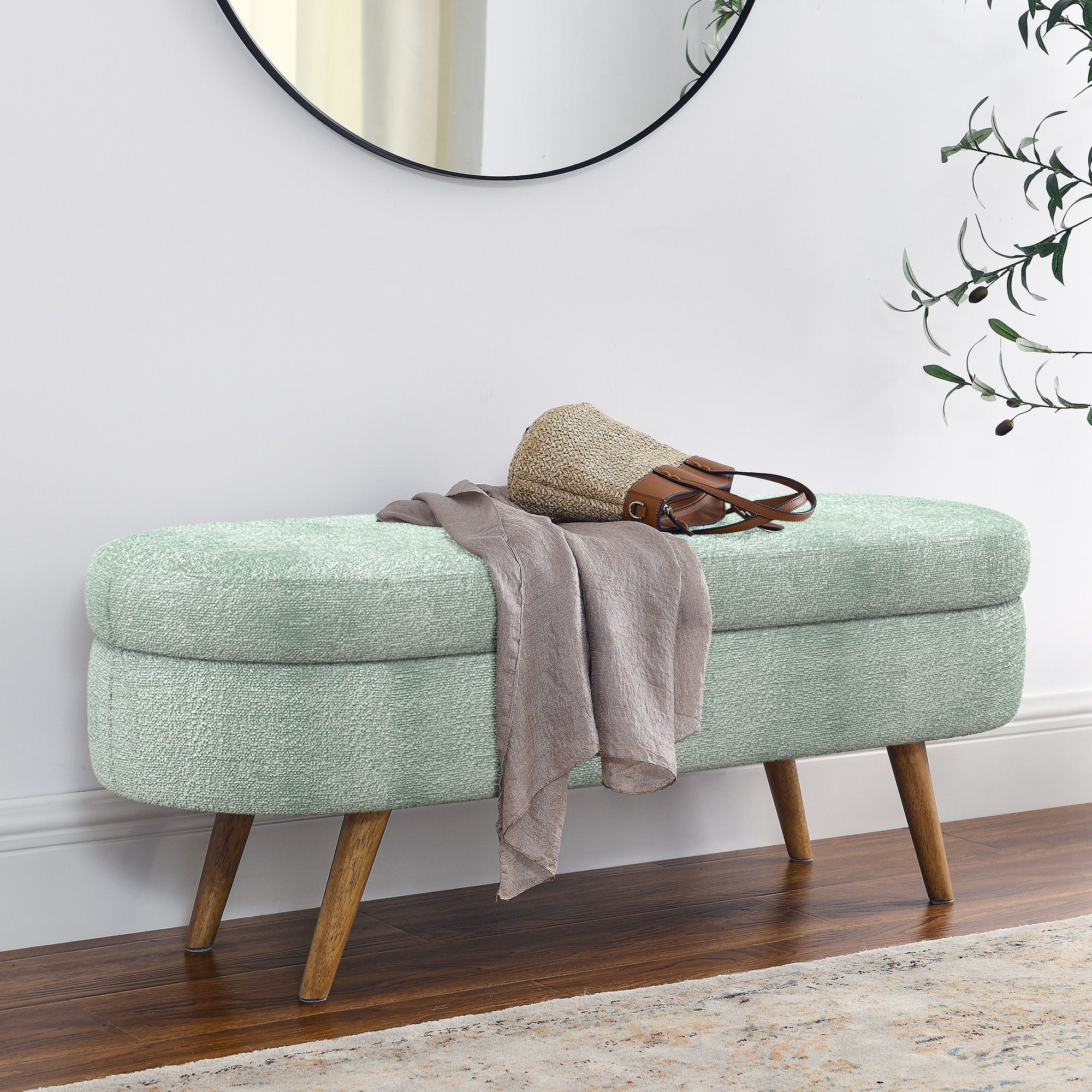 Modern Ottoman Oval Storage Bench With Rubber Wood Legs