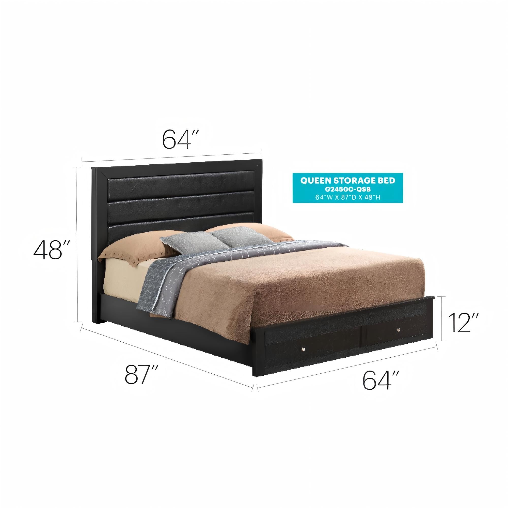Elegant Queen Storage Bed - Black - Particle Board