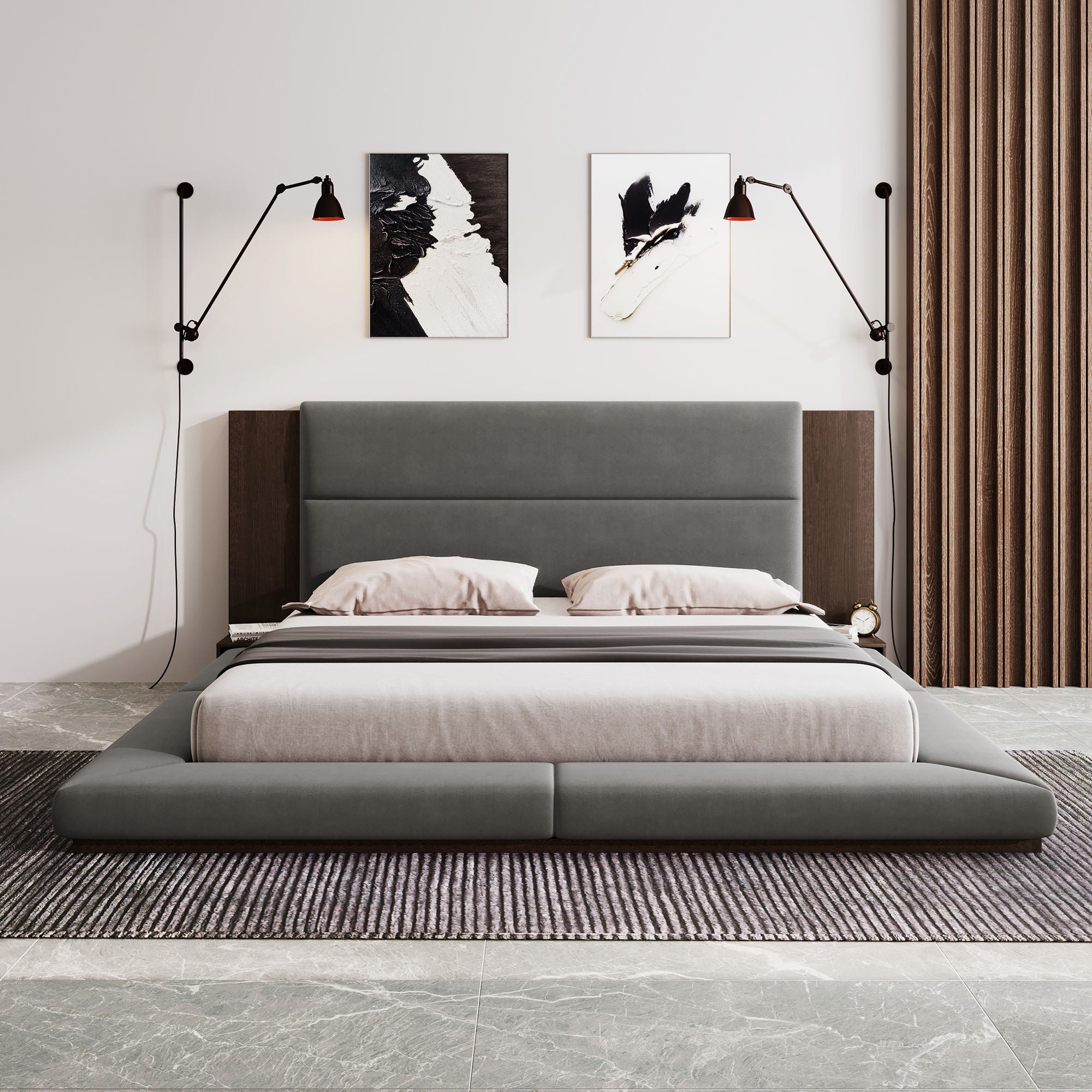 Floor Upholstered Platform Bed With Extended Headboard & Bedside Shelf