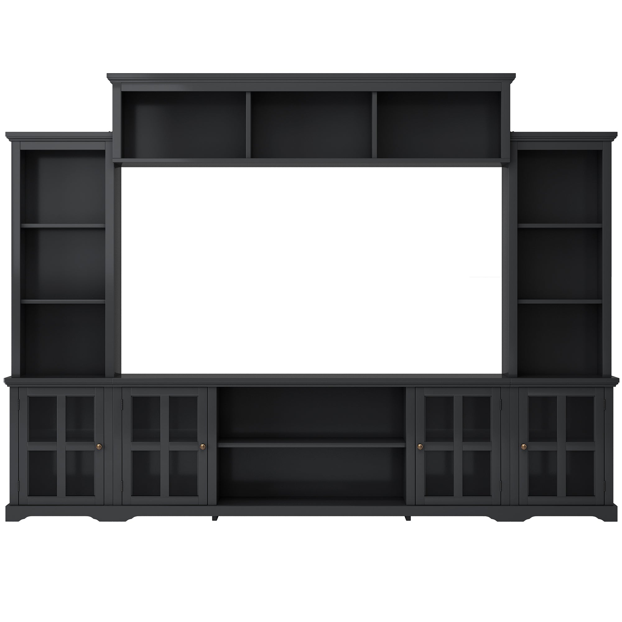 Entertainment Wall Unit with Bridge, Modern TV Console Table for TVs Up to 70" Multifunctional TV Stand with Tempered Glass Door Black